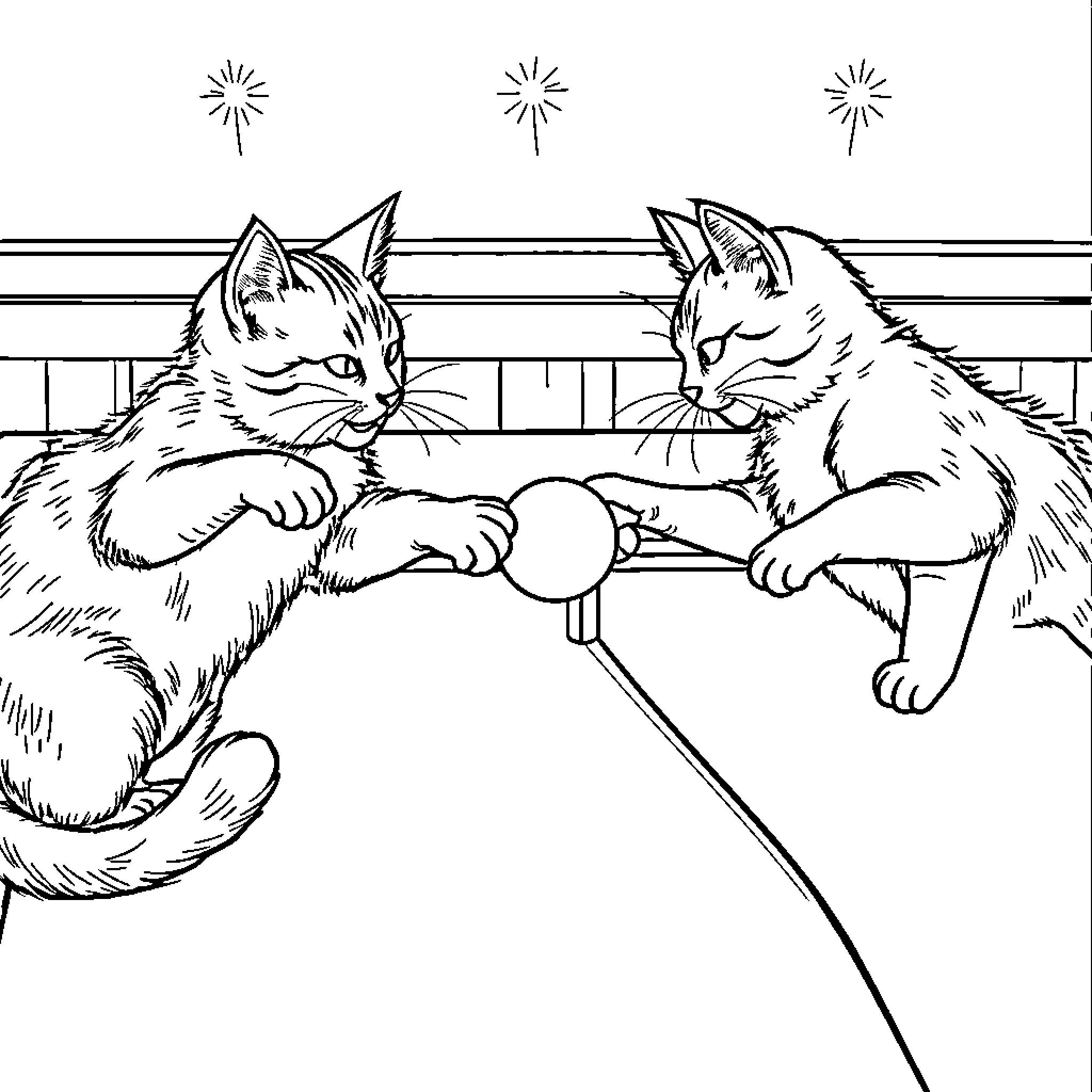 Cats playing with toy in room Coloring Page (free black-and-white line drawing printable PDF for all, from beginners to advanced learners, including children, teens, adults, and seniors)