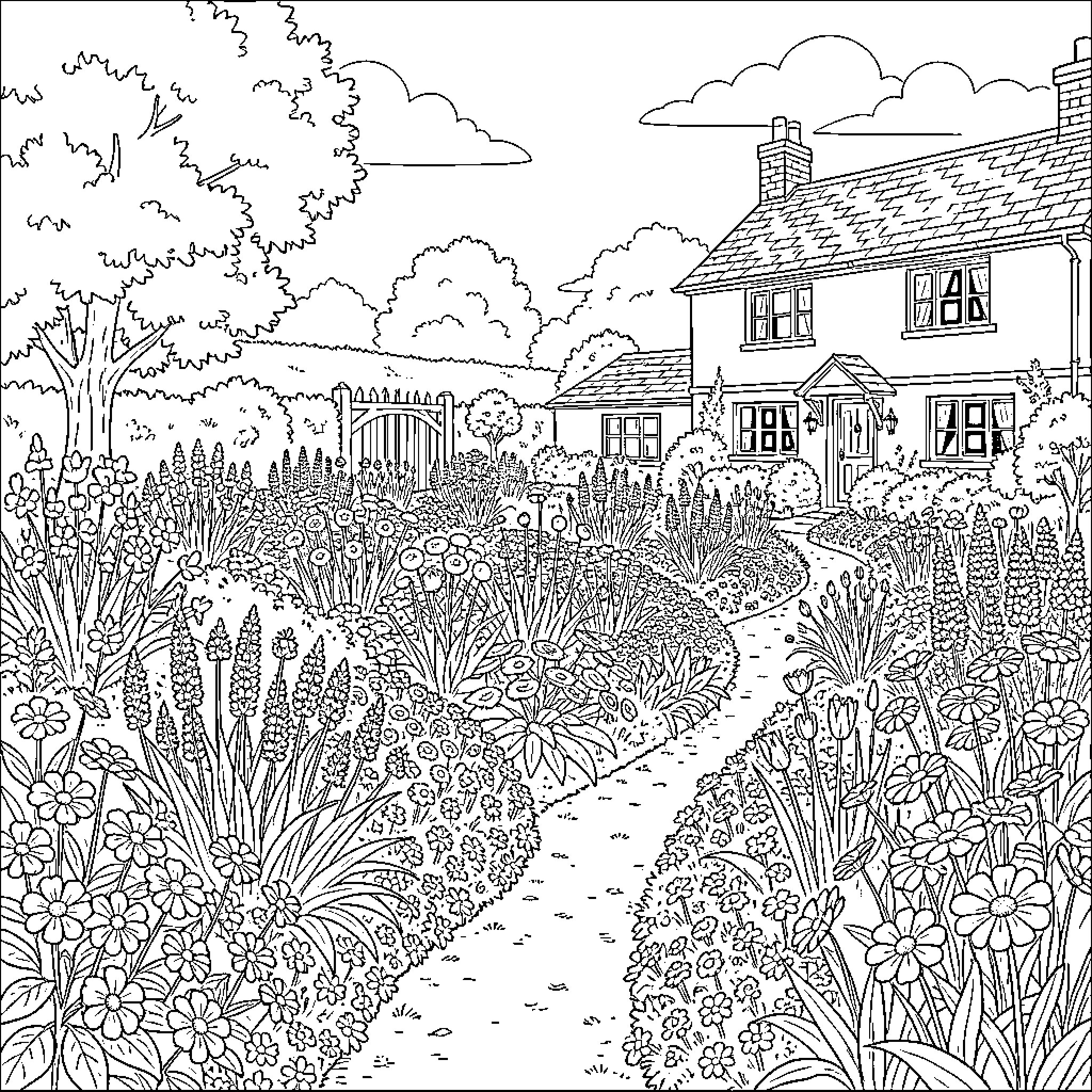 Flower garden blooming in front of a house Coloring Page (free black-and-white line drawing printable PDF for all, from beginners to advanced learners, including children, teens, adults, and seniors)