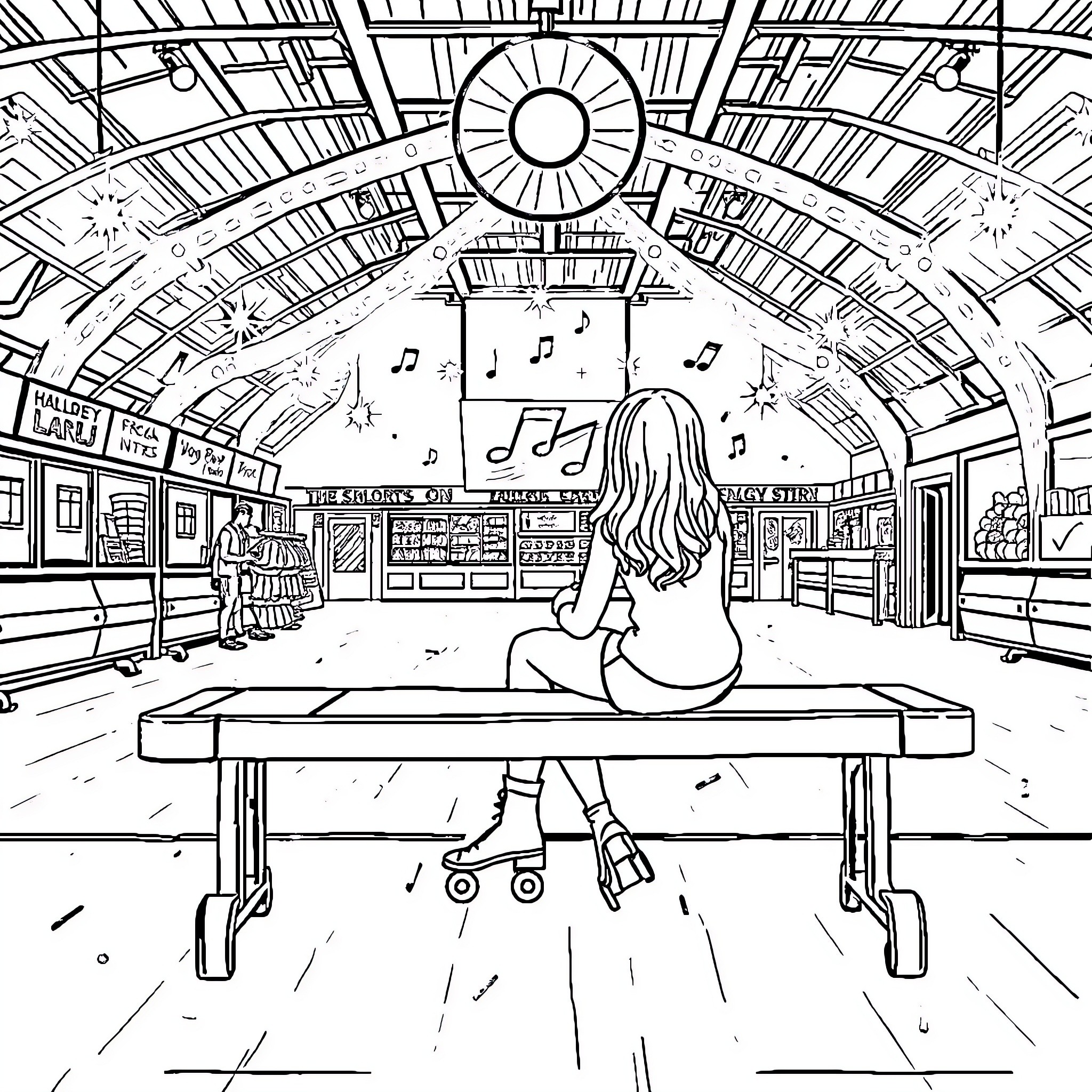 Roller Rink with Lively Skaters and Vibrant Atmosphere Coloring Page (free black-and-white line drawing printable PDF for all, from beginners to advanced learners, including children, teens, adults, and seniors)