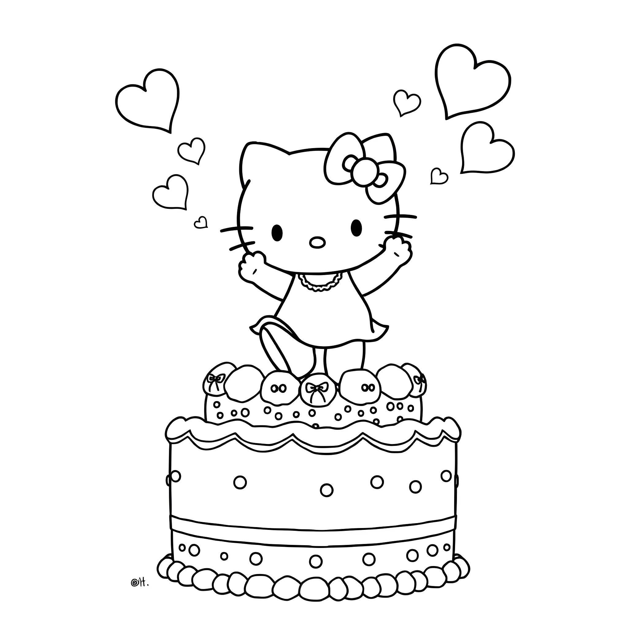 Hello Kitty celebrating with hearts and a cake Coloring Page (free black-and-white line drawing printable PDF for all, from beginners to advanced learners, including children, teens, adults, and seniors)