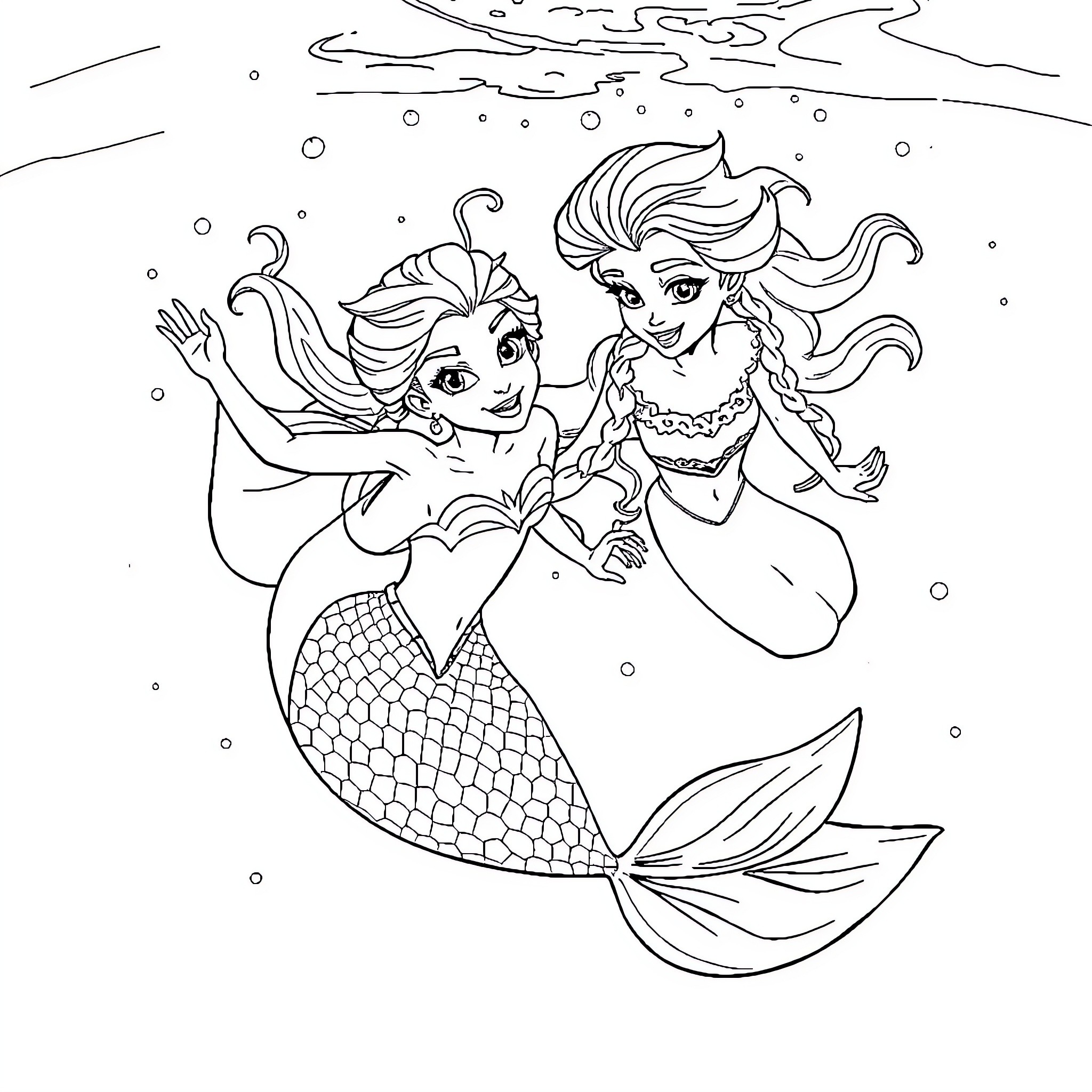 Mermaid sisters playing and swimming in the ocean Coloring Page (free black-and-white line drawing printable PDF for all, from beginners to advanced learners, including children, teens, adults, and seniors)