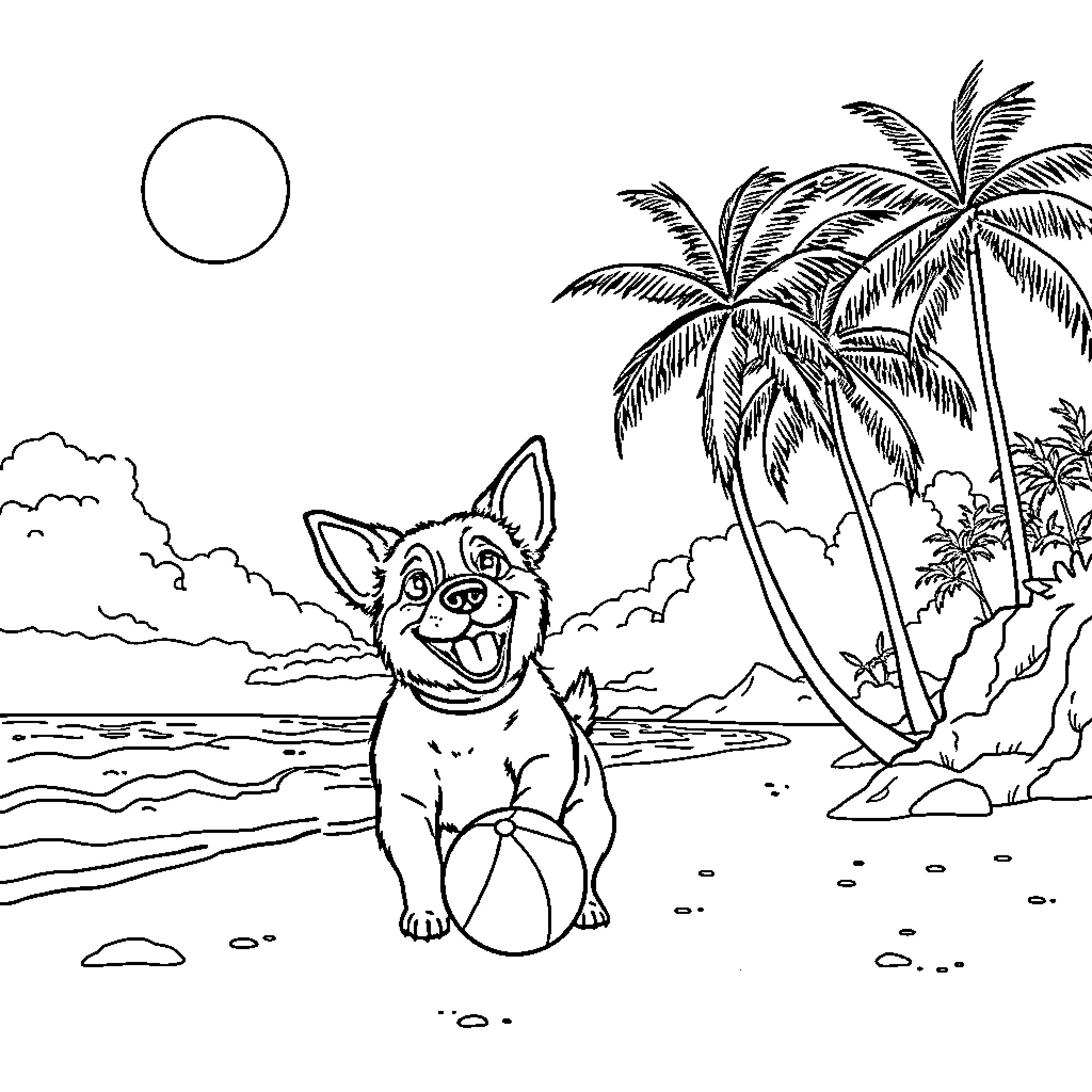 Dog enjoys sunny day on tropical beach Coloring Page (free black-and-white line drawing printable PDF for all, from beginners to advanced learners, including children, teens, adults, and seniors)