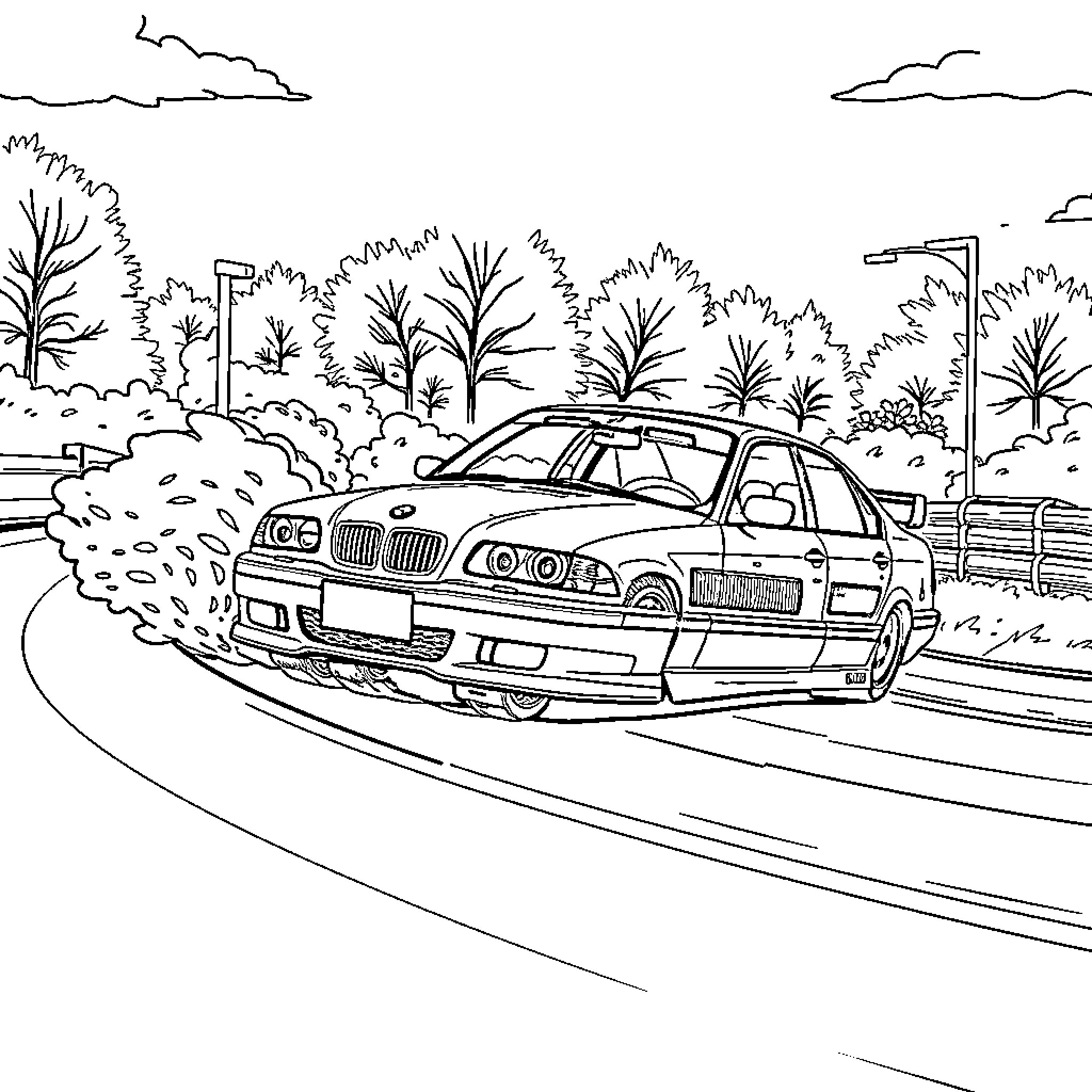 BMW car driving on a scenic road Coloring Page (free black-and-white line drawing printable PDF for all, from beginners to advanced learners, including children, teens, adults, and seniors)