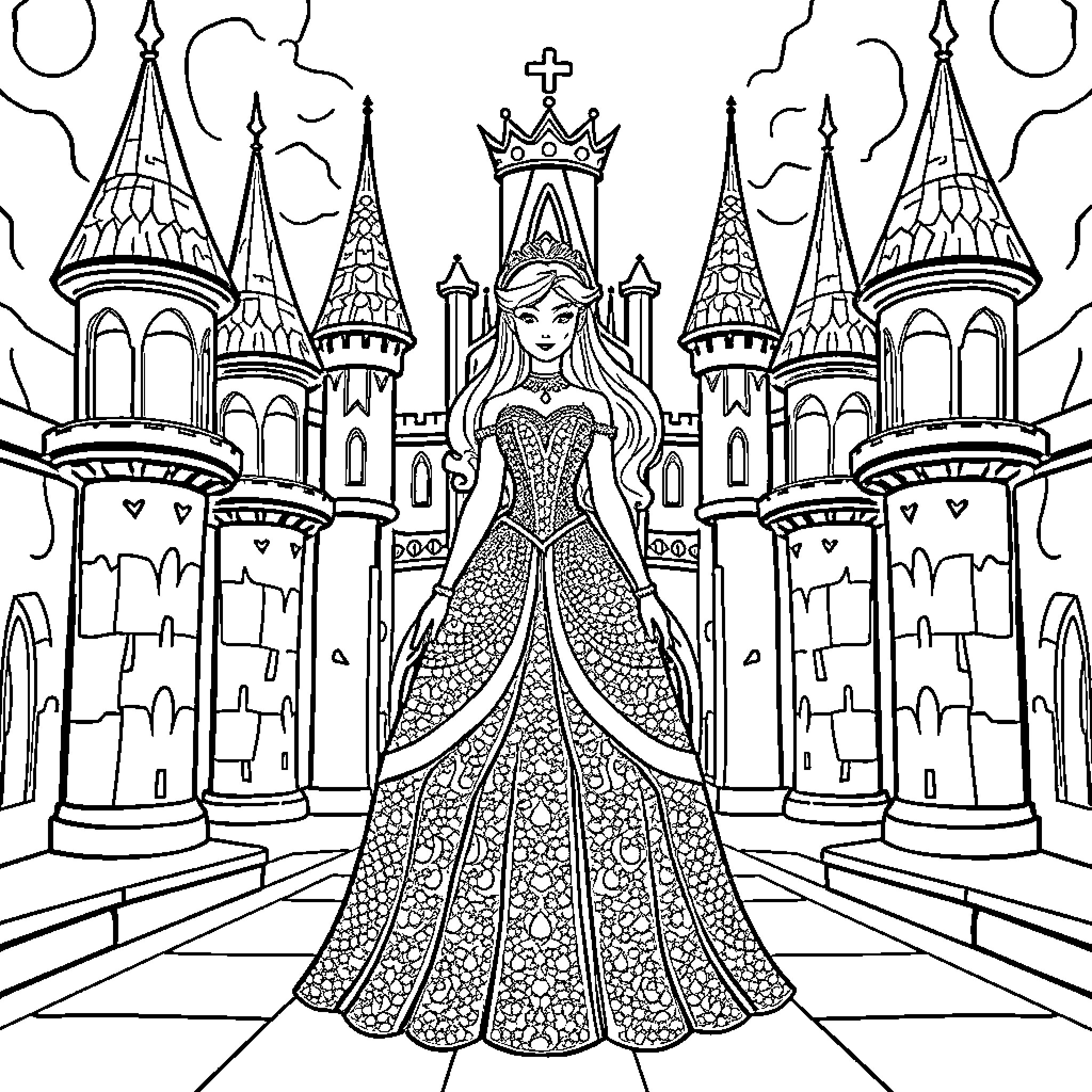 Princess in a Majestic Castle Coloring Page (free black-and-white line drawing printable PDF for all, from beginners to advanced learners, including children, teens, adults, and seniors)