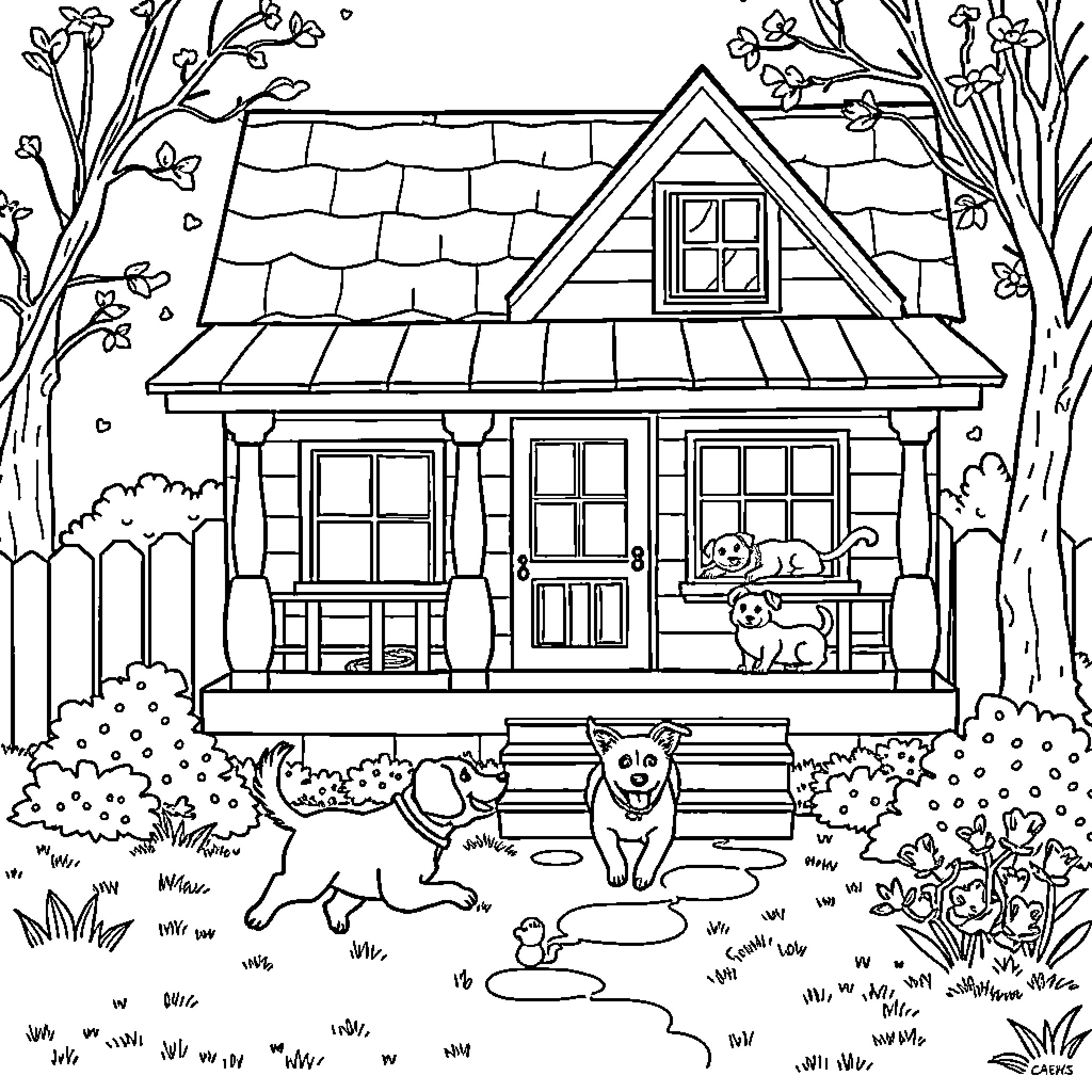House with playful dogs in the yard Coloring Page (free black-and-white line drawing printable PDF for all, from beginners to advanced learners, including children, teens, adults, and seniors)