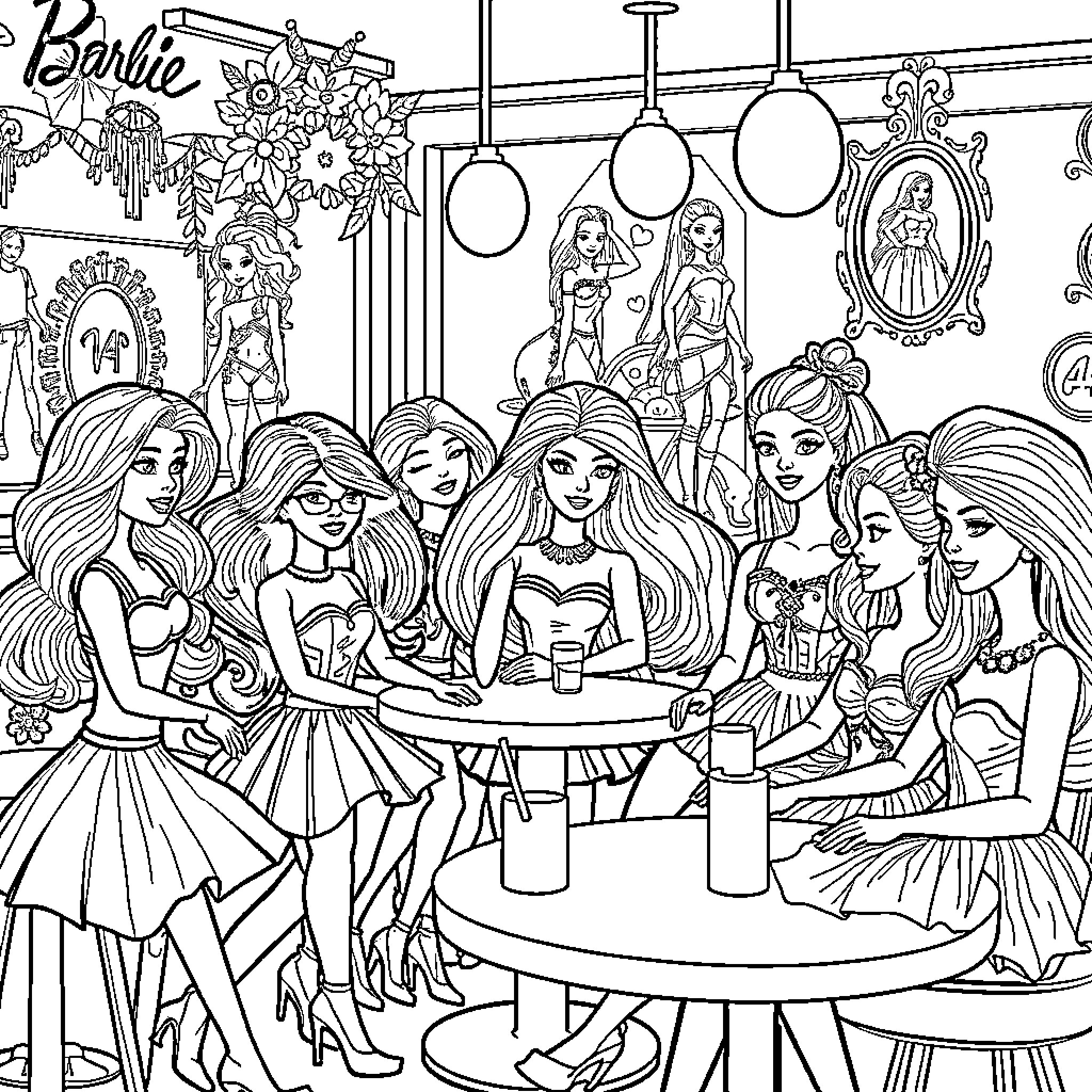 Barbie and friends having fun at a glamorous party Coloring Page (free black-and-white line drawing printable PDF for all, from beginners to advanced learners, including children, teens, adults, and seniors)