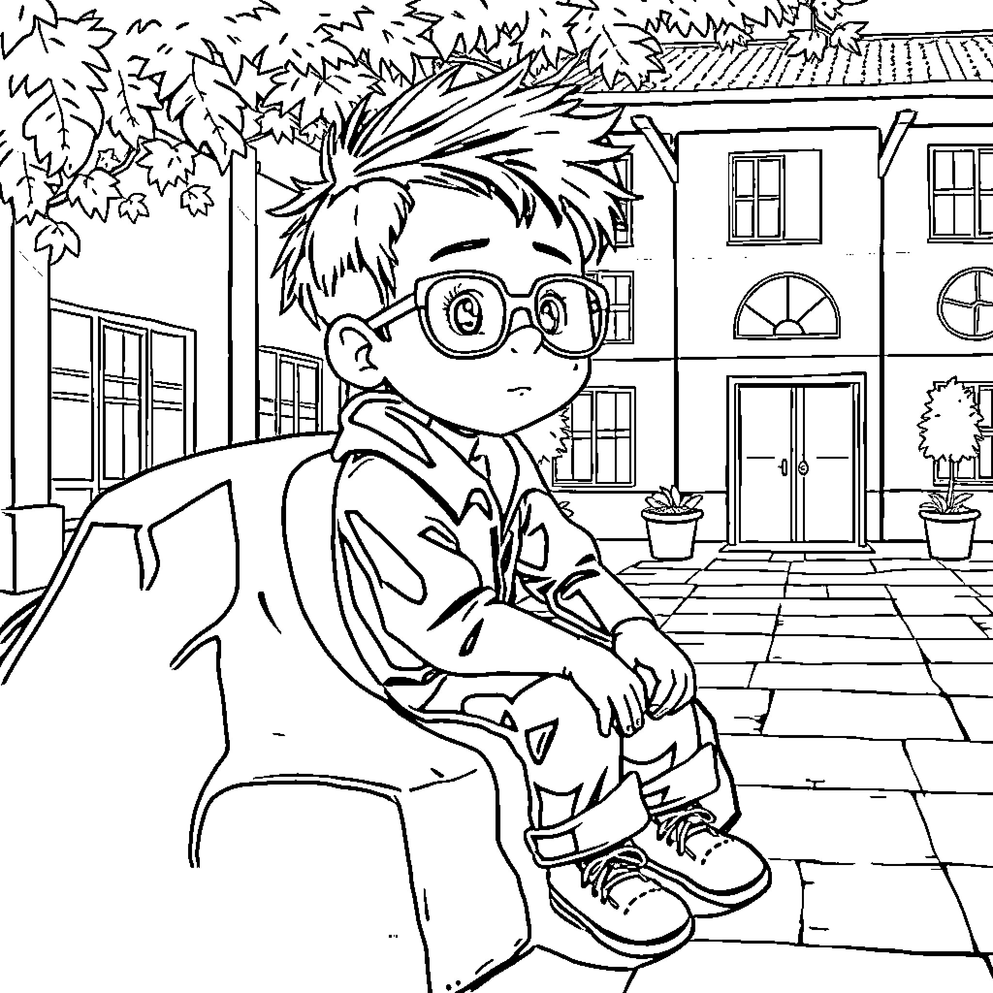 Niño sitting on a bench observing the neighborhood Coloring Page (free black-and-white line drawing printable PDF for all, from beginners to advanced learners, including children, teens, adults, and seniors)