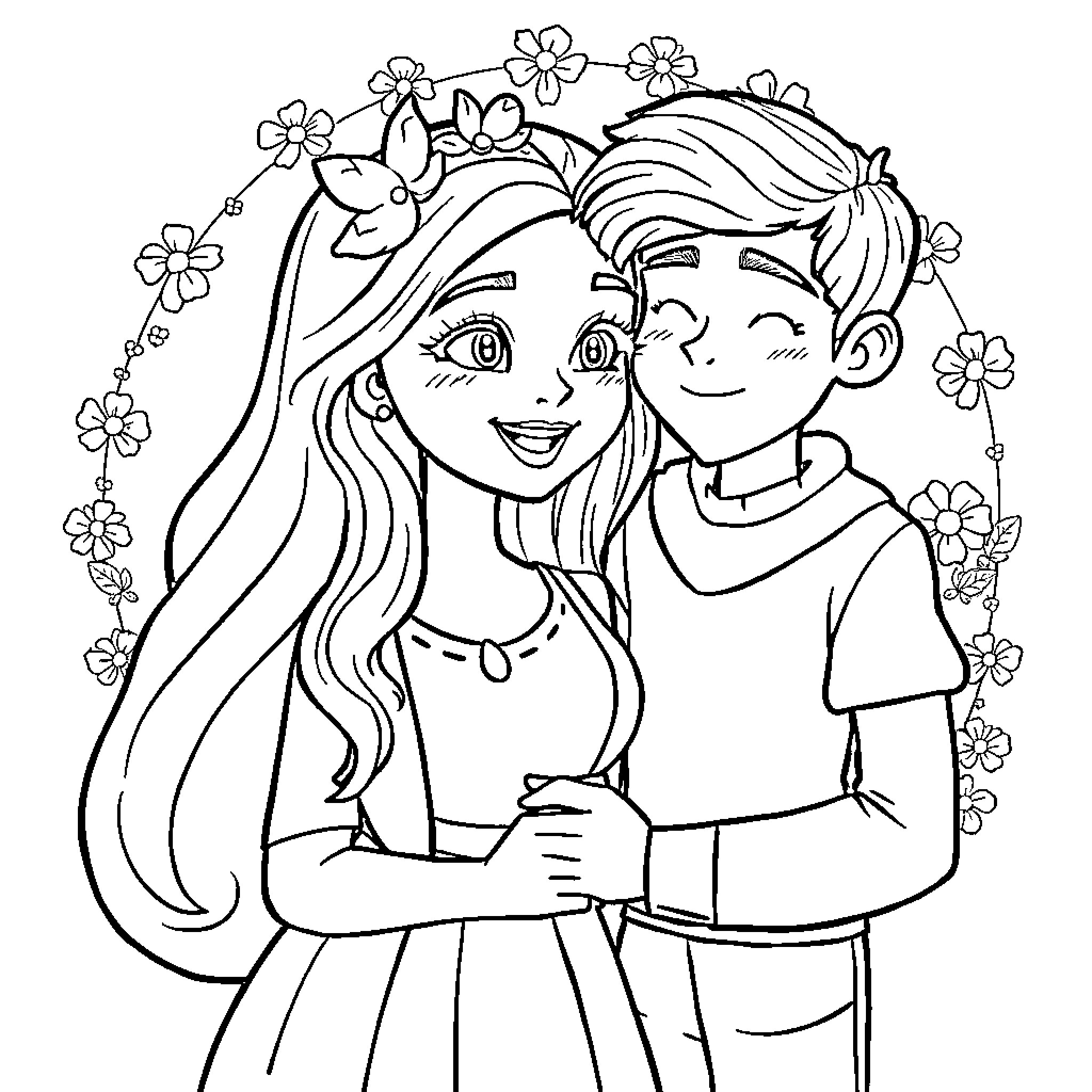 Elaina and her Floral Embrace Coloring Page (free black-and-white line drawing printable PDF for all, from beginners to advanced learners, including children, teens, adults, and seniors)