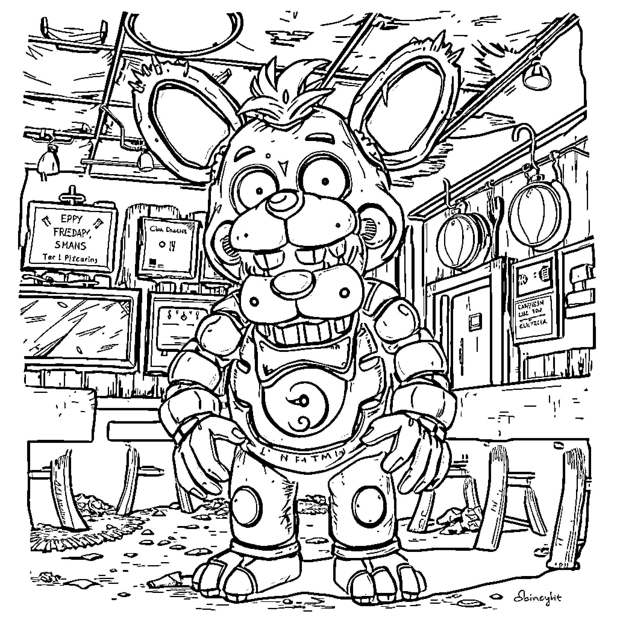 Springtrap exploring the abandoned restaurant's remnants Coloring Page (free black-and-white line drawing printable PDF for all, from beginners to advanced learners, including children, teens, adults, and seniors)