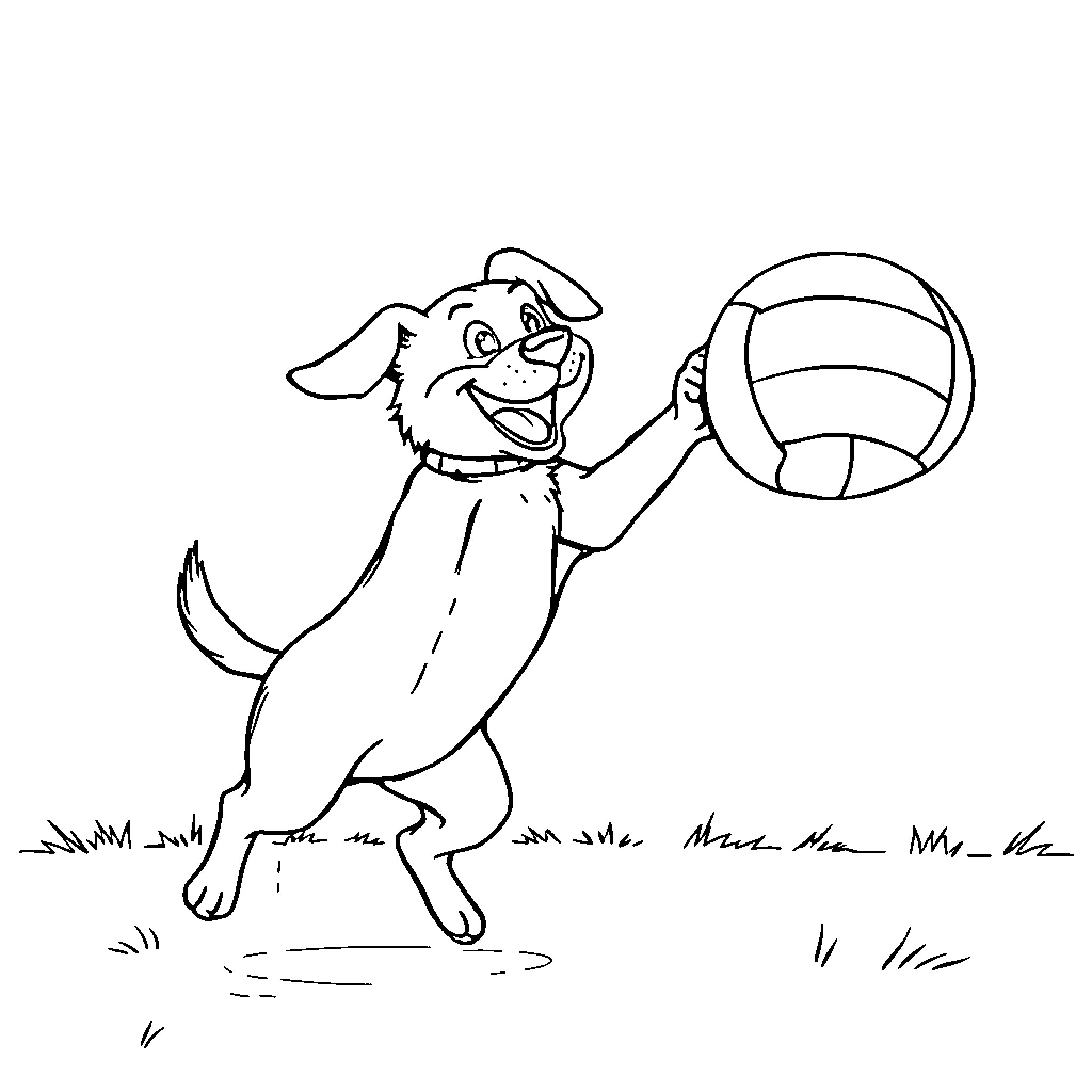 Dog playing with volleyball on grassy field Coloring Page (free black-and-white line drawing printable PDF for all, from beginners to advanced learners, including children, teens, adults, and seniors)