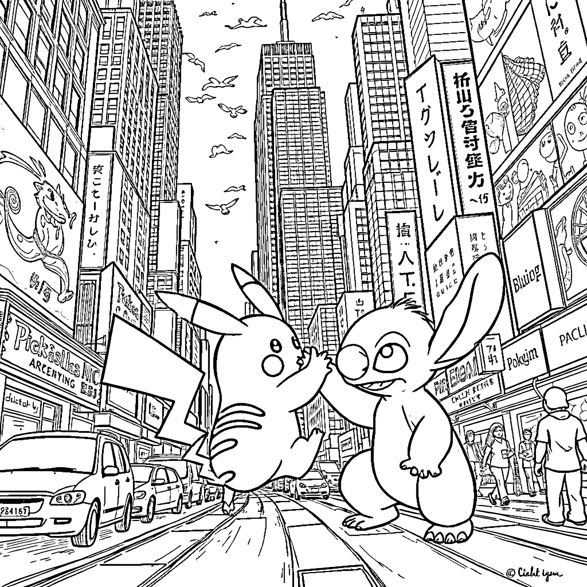 Stitch and Experiment 626 explore the busy city streets Coloring Page (free black-and-white line drawing printable PDF for all, from beginners to advanced learners, including children, teens, adults, and seniors)