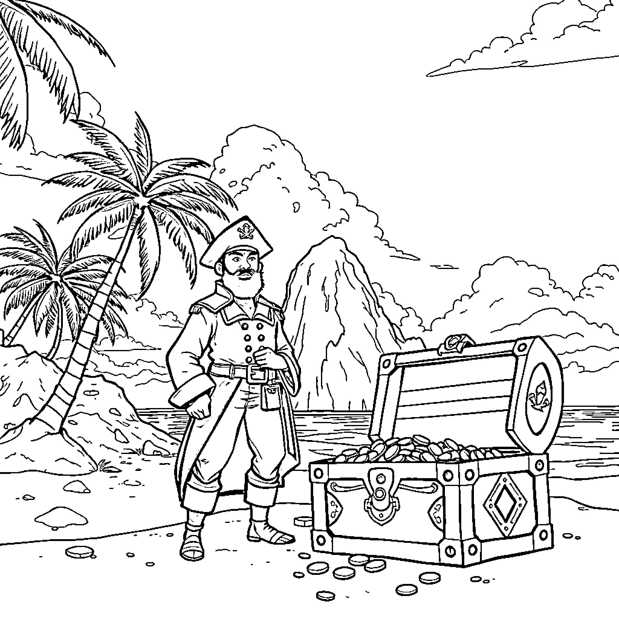 Kaptein Sabeltann on a tropical island with treasure chest Coloring Page (free black-and-white line drawing printable PDF for all, from beginners to advanced learners, including children, teens, adults, and seniors)