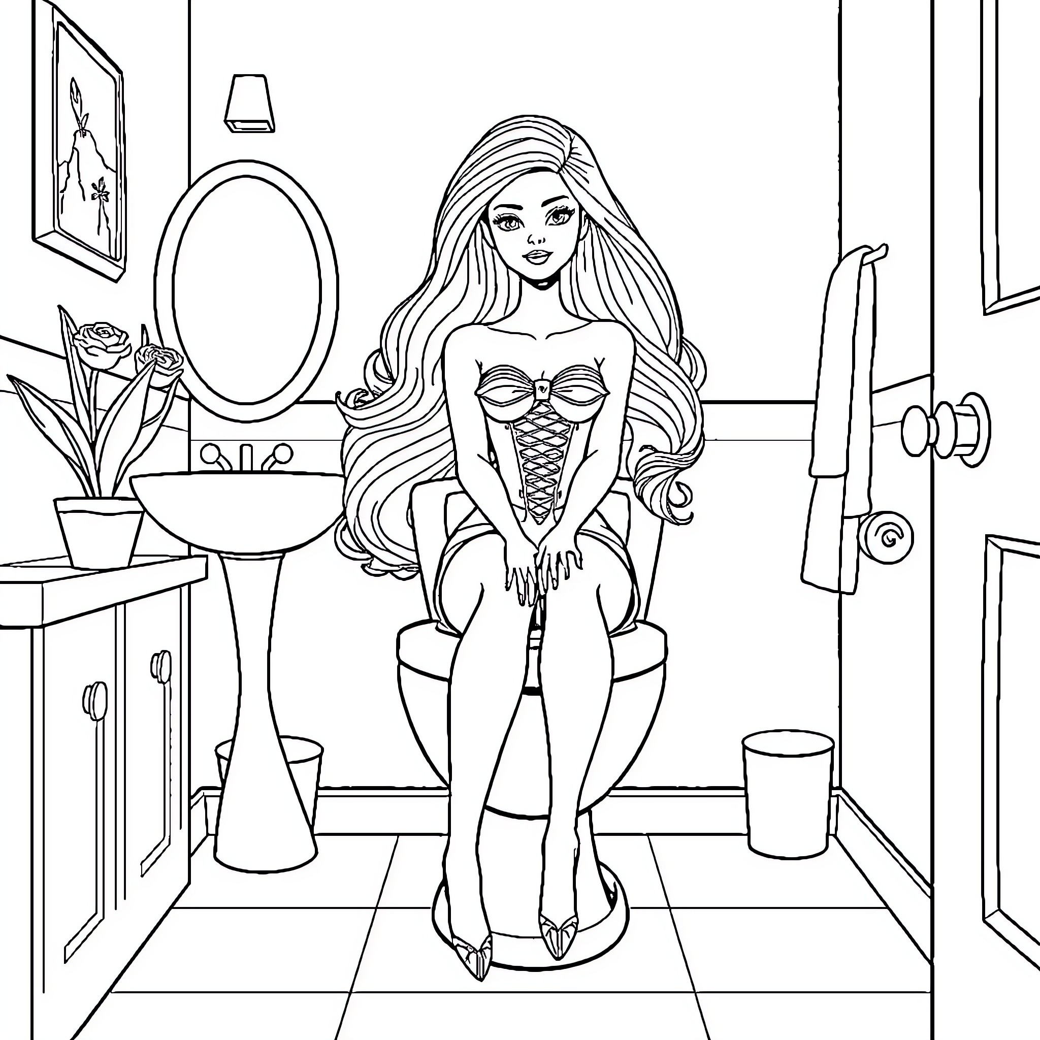 Barbie doll posing in bathroom setting Coloring Page (free black-and-white line drawing printable PDF for all, from beginners to advanced learners, including children, teens, adults, and seniors)