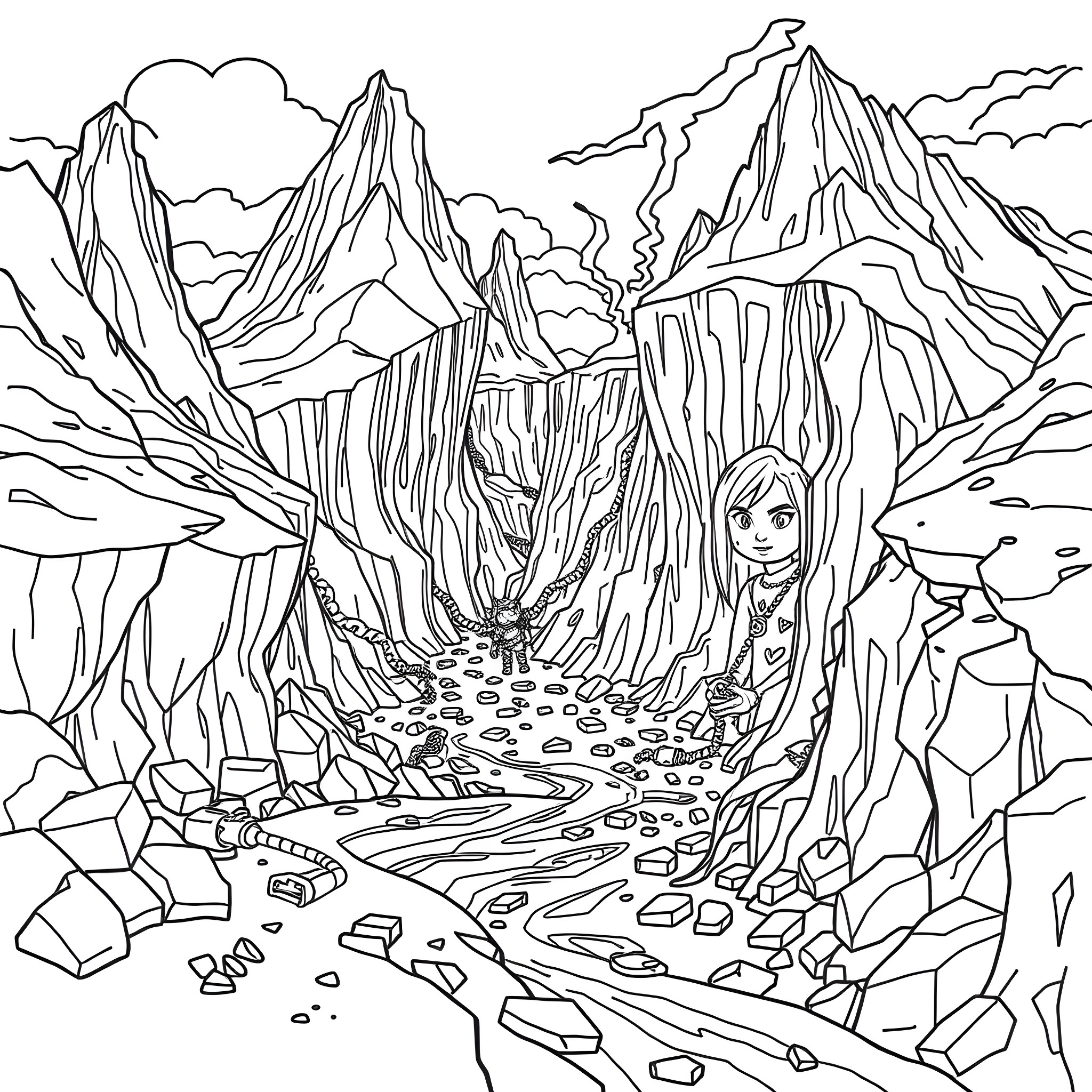 Minecraft Adventurer Explores Rugged Mountain Landscape Coloring Page (free black-and-white line drawing printable PDF for all, from beginners to advanced learners, including children, teens, adults, and seniors)