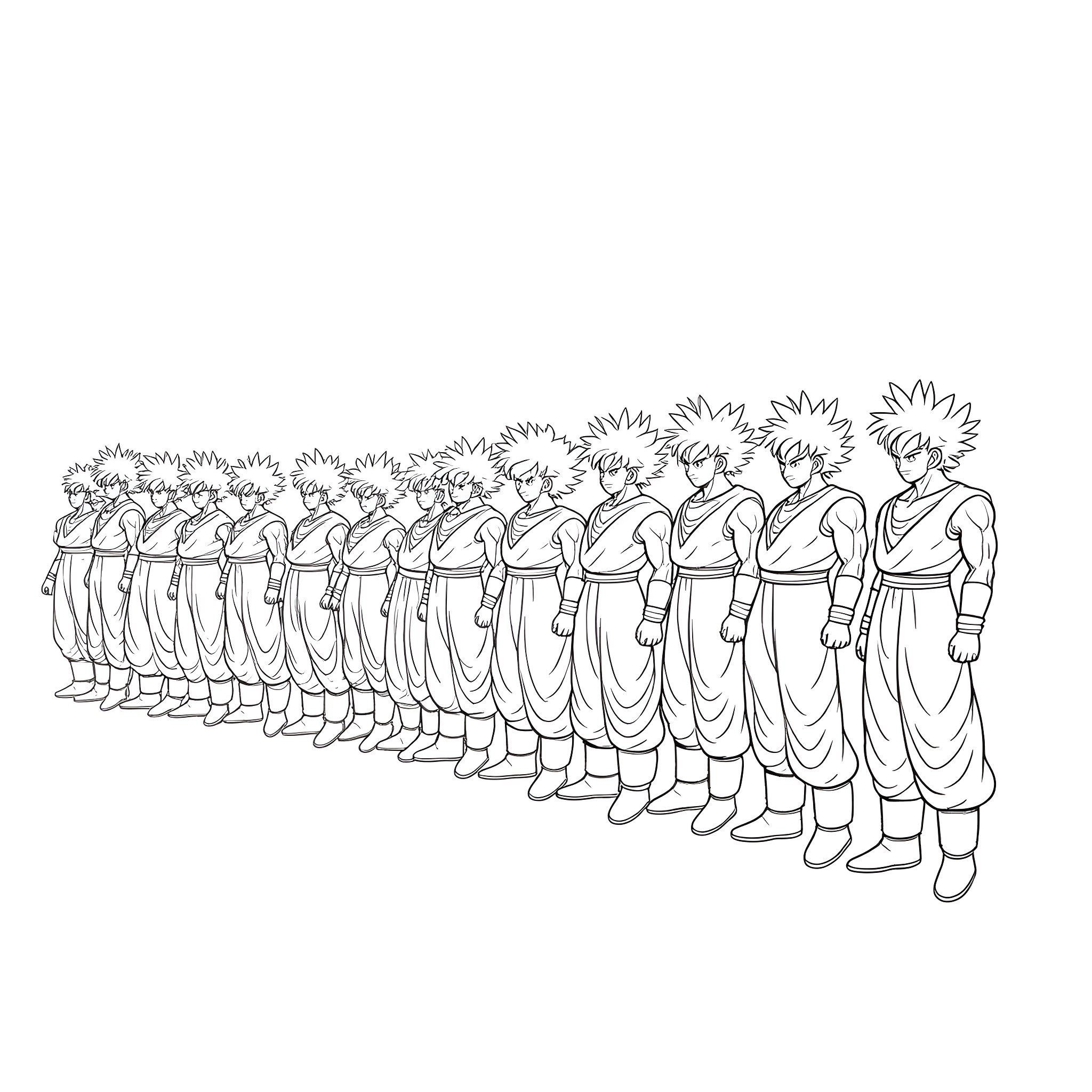 Goku and his allies in battle formation Coloring Page (free black-and-white line drawing printable PDF for all, from beginners to advanced learners, including children, teens, adults, and seniors)