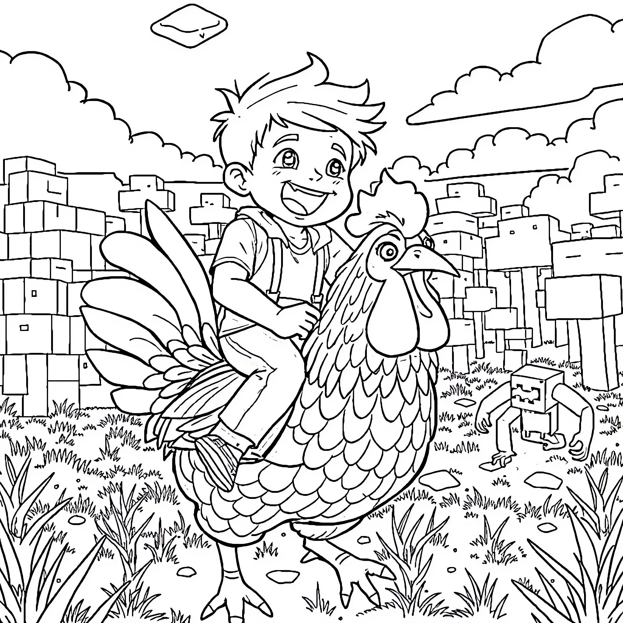 Boy playing joyfully with pet rooster in countryside Coloring Page (free black-and-white line drawing printable PDF for all, from beginners to advanced learners, including children, teens, adults, and seniors)