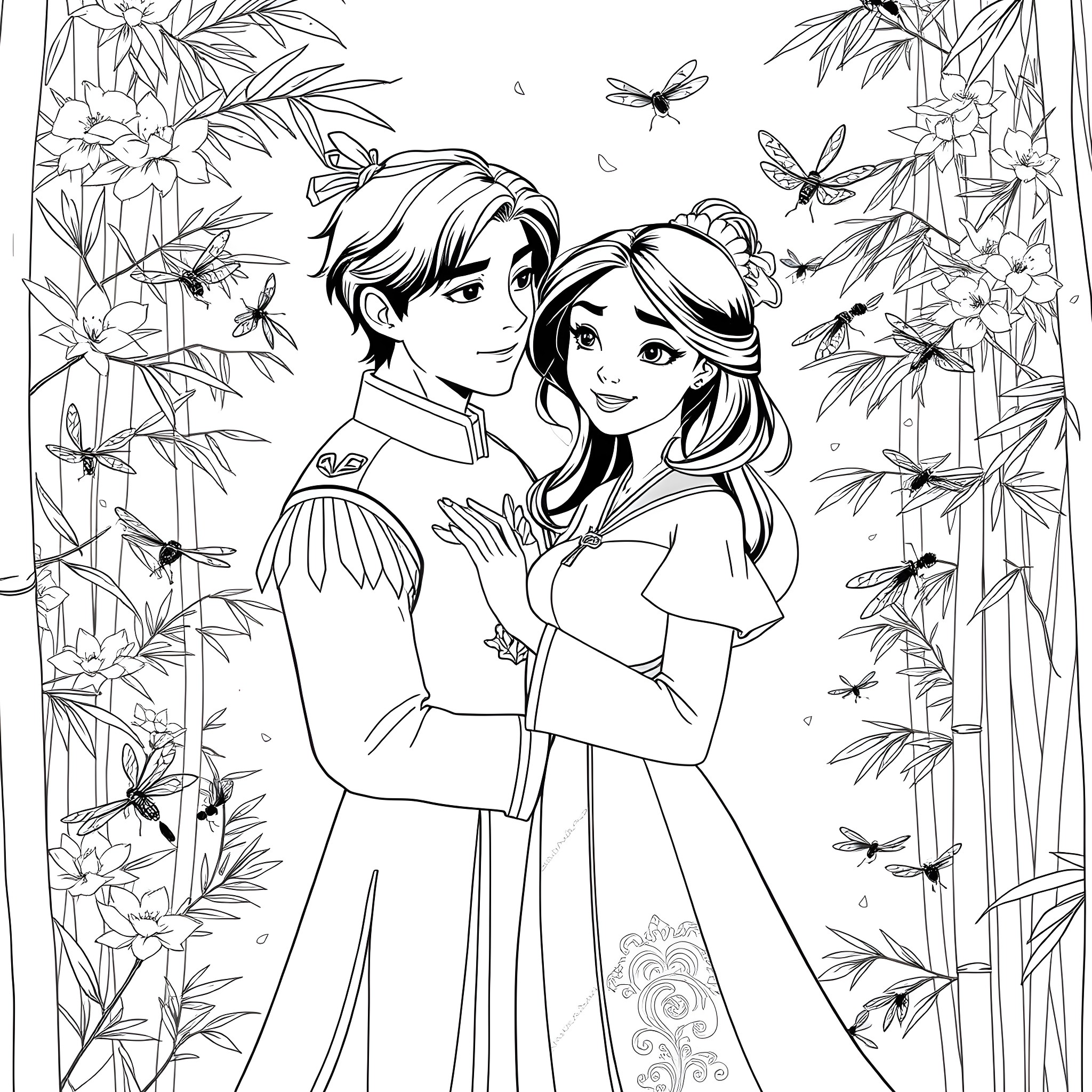 Mulan and her beloved in a floral garden Coloring Page (free black-and-white line drawing printable PDF for all, from beginners to advanced learners, including children, teens, adults, and seniors)