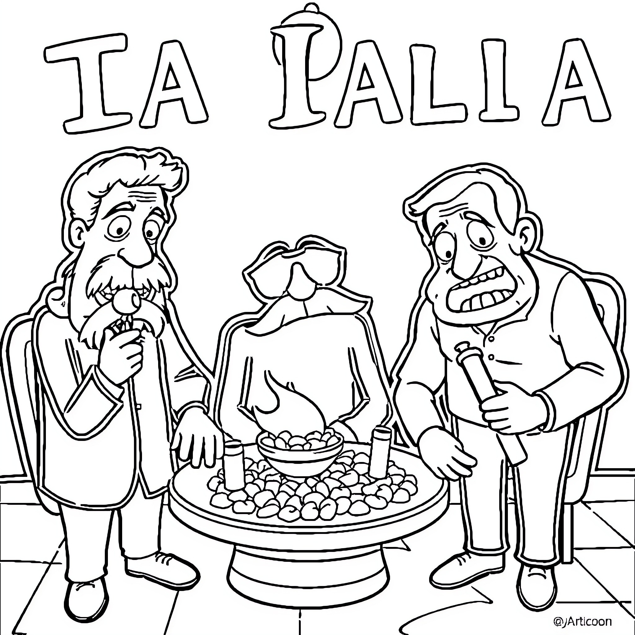 Italian Memes: Animated Italians enjoying a hearty meal Coloring Page (free black-and-white line drawing printable PDF for all, from beginners to advanced learners, including children, teens, adults, and seniors)