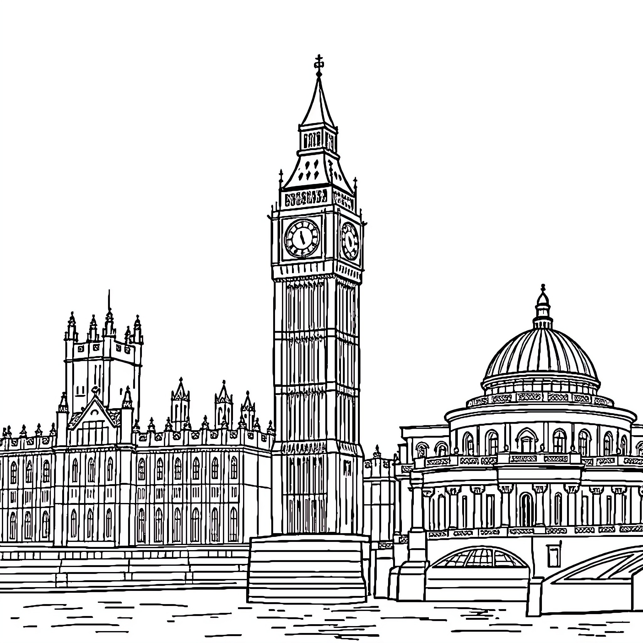 Building with iconic tower and historic architecture Coloring Page (free black-and-white line drawing printable PDF for all, from beginners to advanced learners, including children, teens, adults, and seniors)