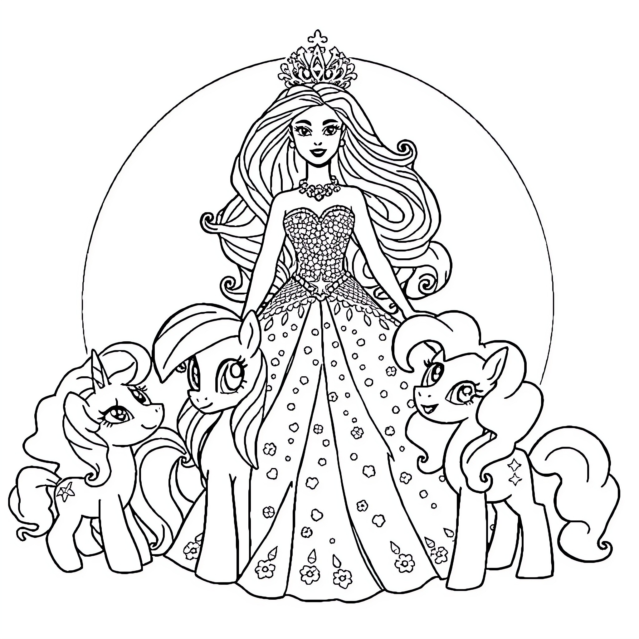 Barbie royal fairytale with magical ponies Coloring Page (free black-and-white line drawing printable PDF for all, from beginners to advanced learners, including children, teens, adults, and seniors)