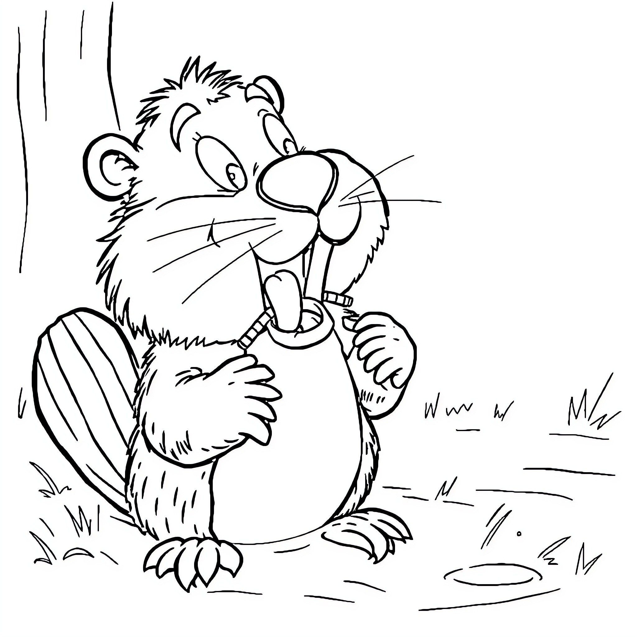 Beaver chewing on branch in the wild Coloring Page (free black-and-white line drawing printable PDF for all, from beginners to advanced learners, including children, teens, adults, and seniors)