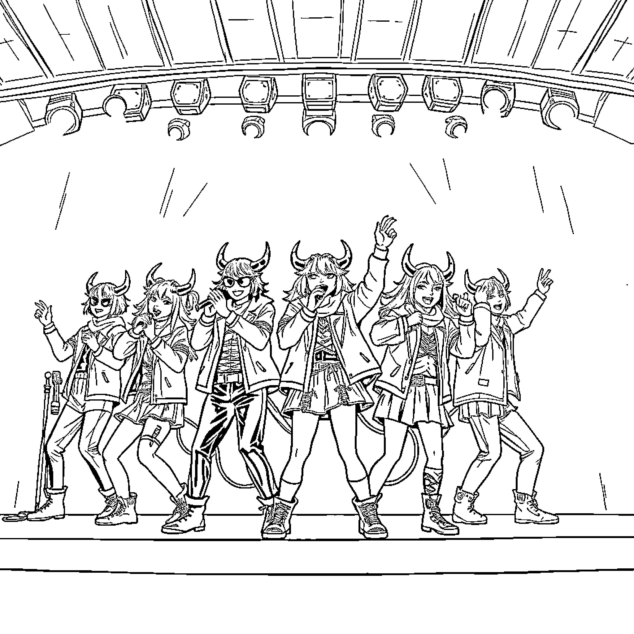 K Pop Performers in Vibrant Outfits and Poses Coloring Page (free black-and-white line drawing printable PDF for all, from beginners to advanced learners, including children, teens, adults, and seniors)