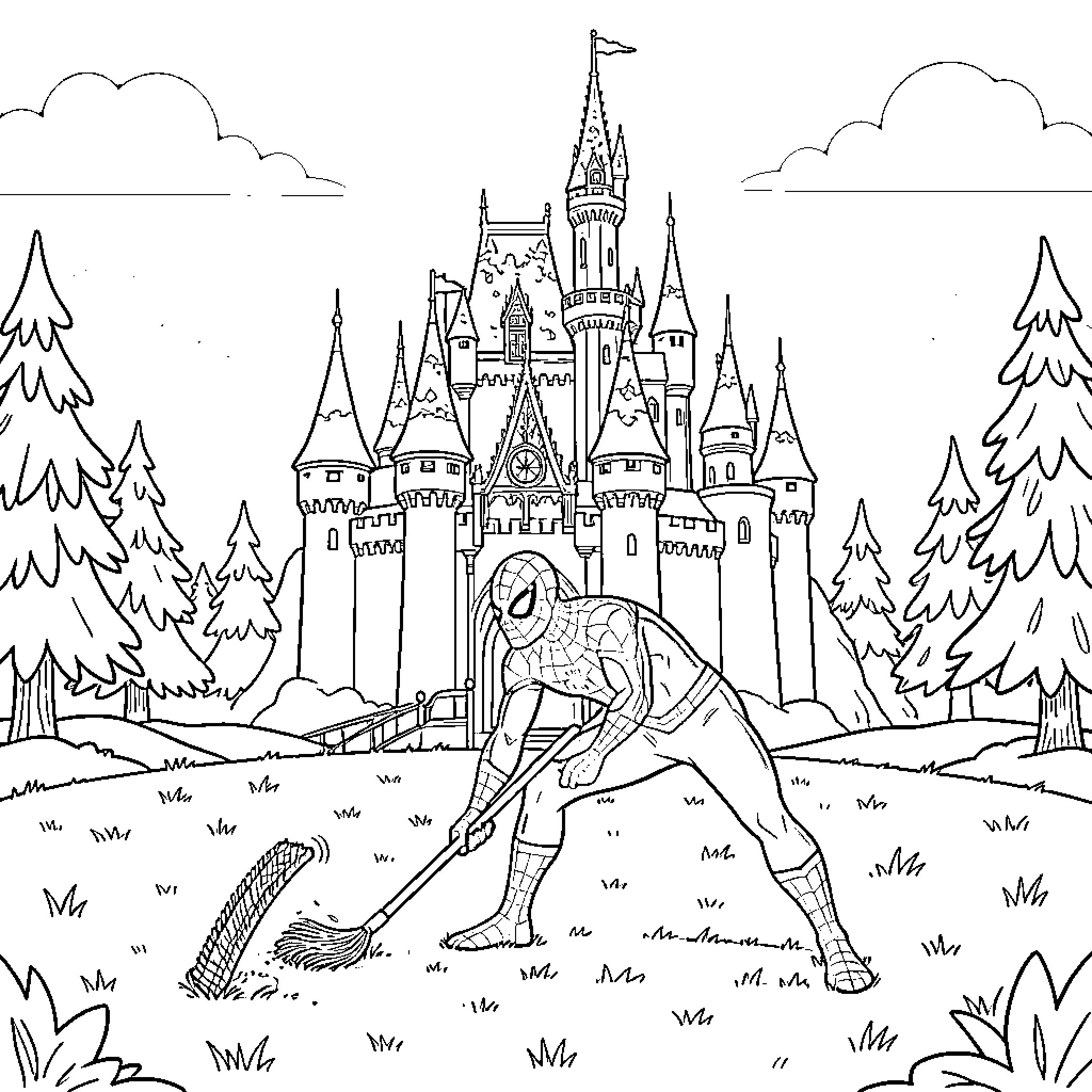 Spiderman swinging through a fantasy castle landscape Coloring Page (free black-and-white line drawing printable PDF for all, from beginners to advanced learners, including children, teens, adults, and seniors)
