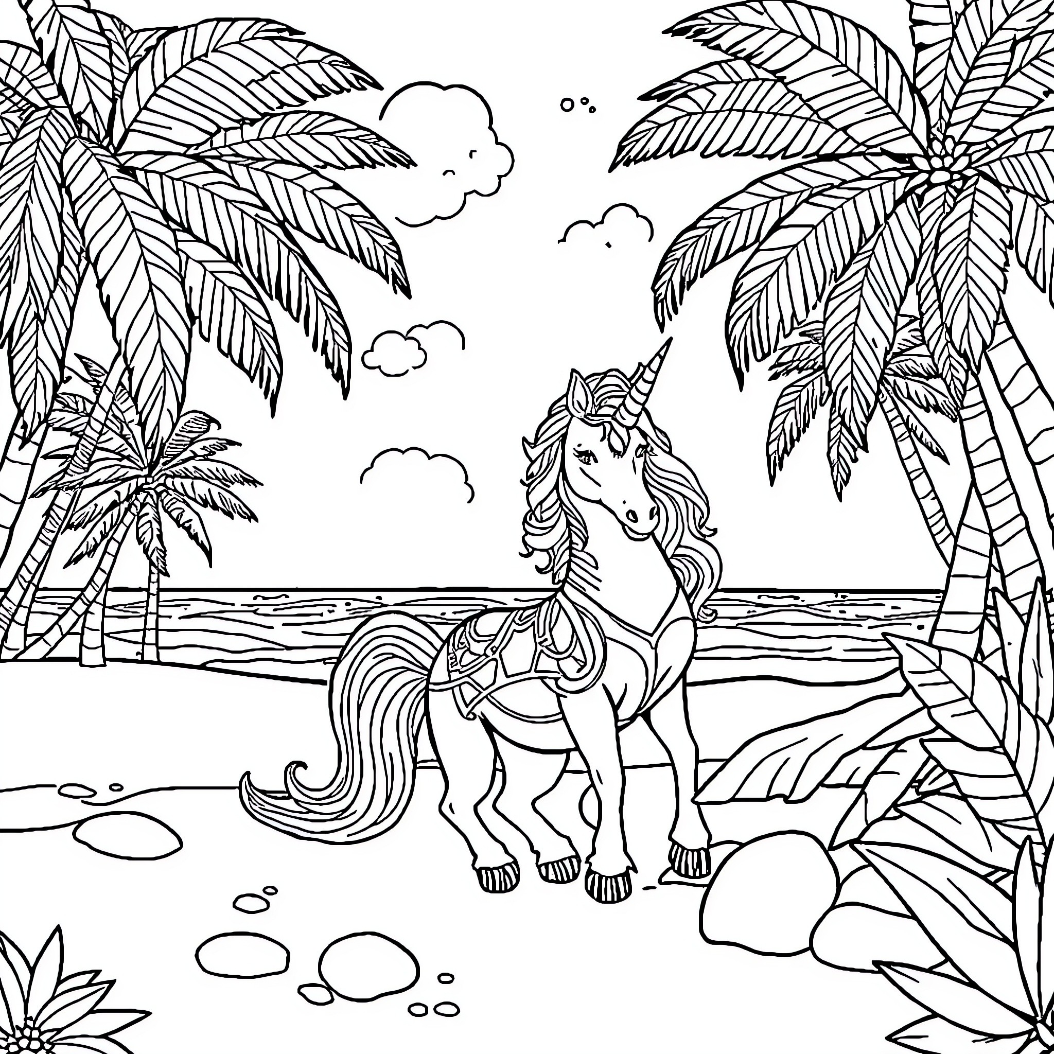 Unicorn resting peacefully on a tropical beach Coloring Page (free black-and-white line drawing printable PDF for all, from beginners to advanced learners, including children, teens, adults, and seniors)