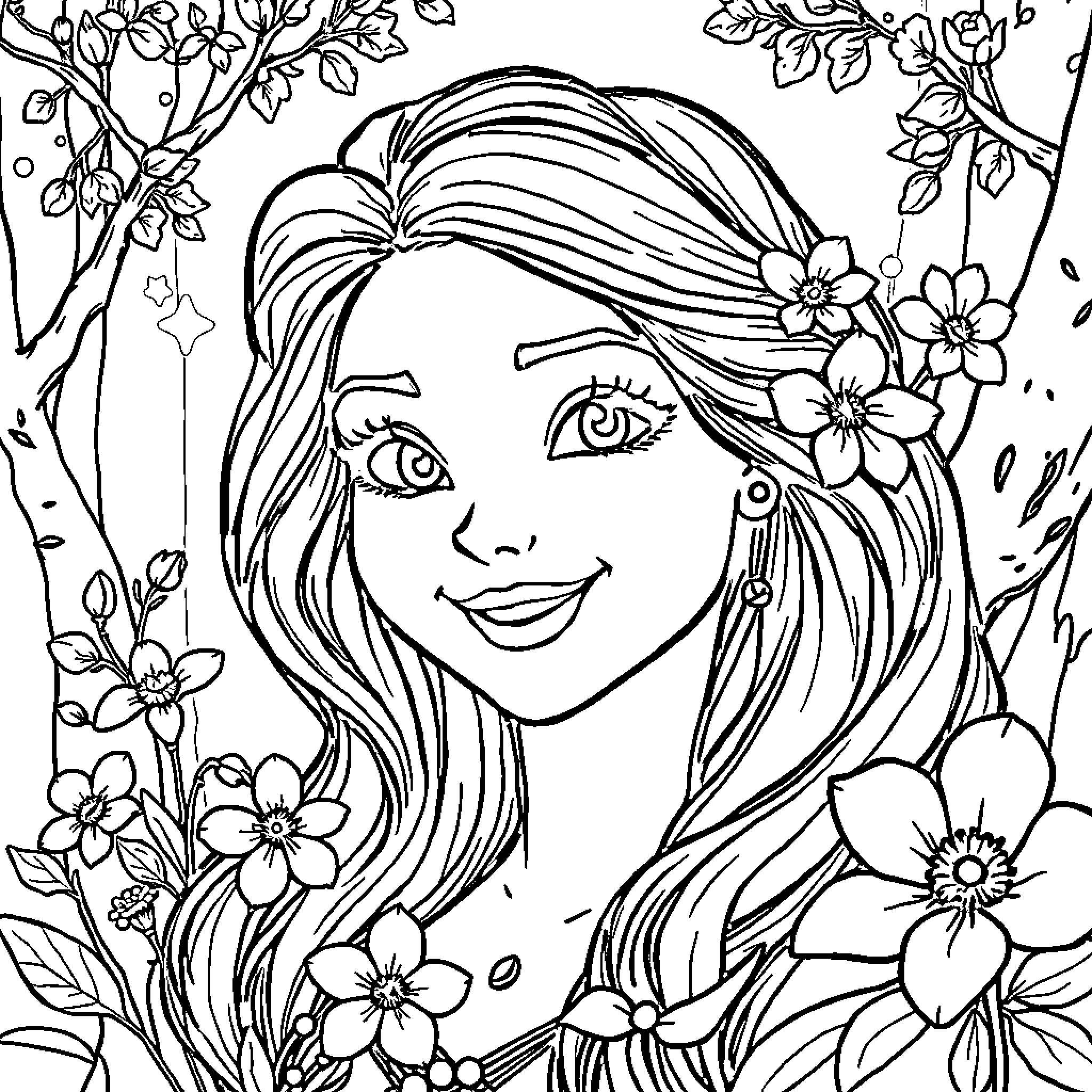 Sleeping Beauty surrounded by beautiful blooming flowers Coloring Page (free black-and-white line drawing printable PDF for all, from beginners to advanced learners, including children, teens, adults, and seniors)