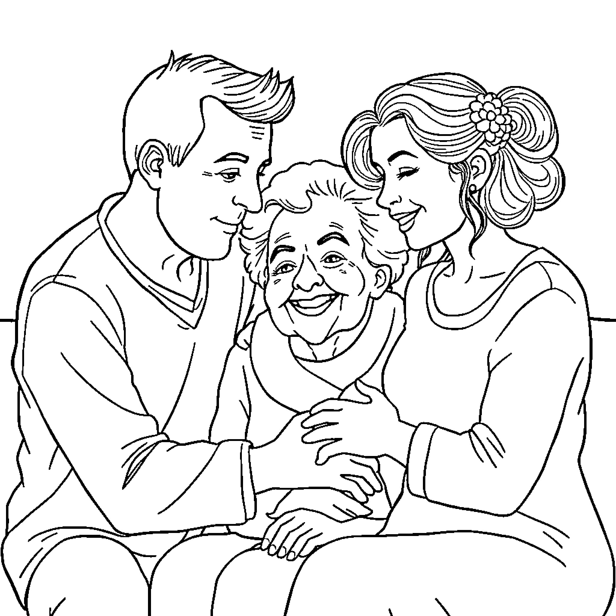Caregiver's Embrace: A Family's Tender Moment Coloring Page (free black-and-white line drawing printable PDF for all, from beginners to advanced learners, including children, teens, adults, and seniors)