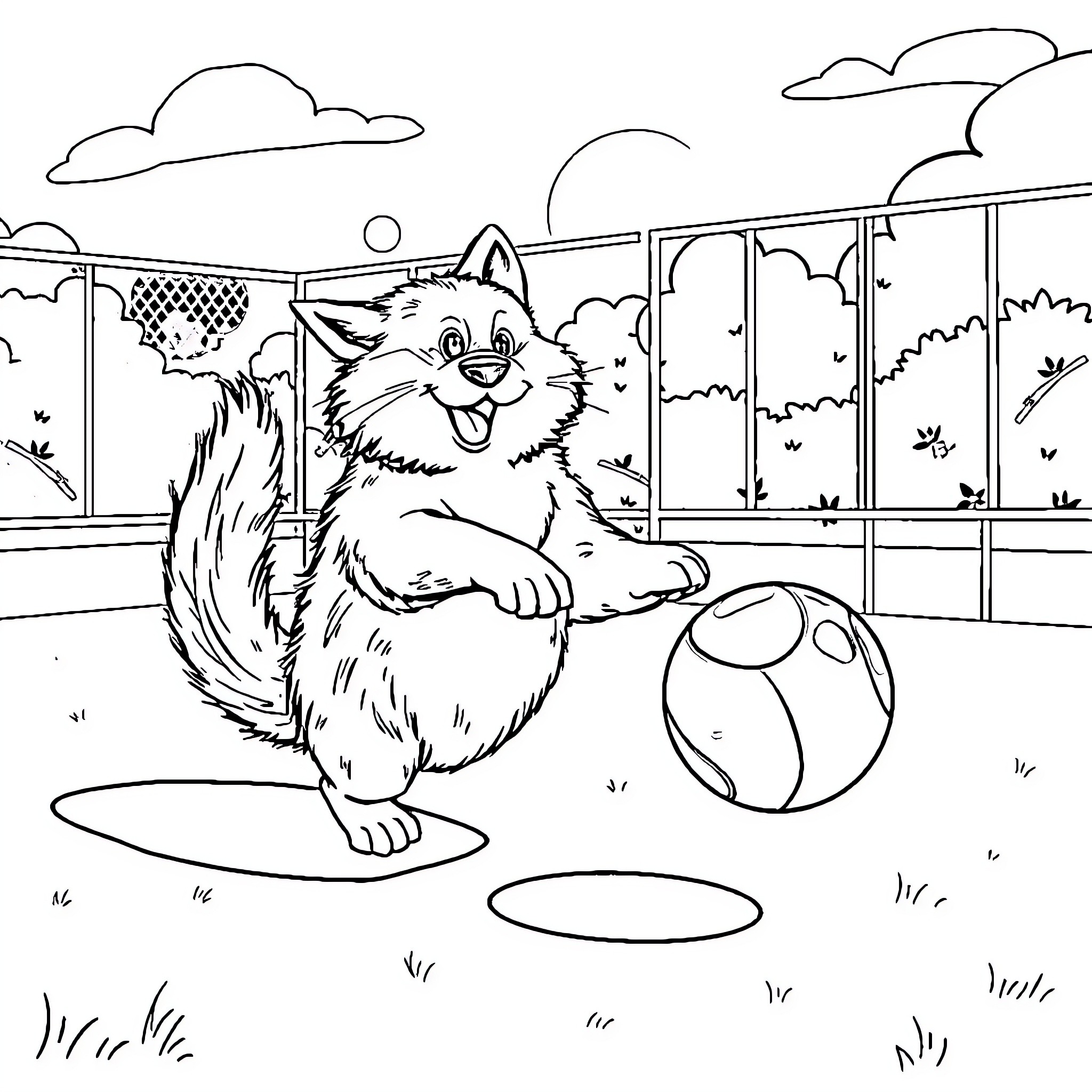 Dog playing with ball in outdoor setting Coloring Page (free black-and-white line drawing printable PDF for all, from beginners to advanced learners, including children, teens, adults, and seniors)