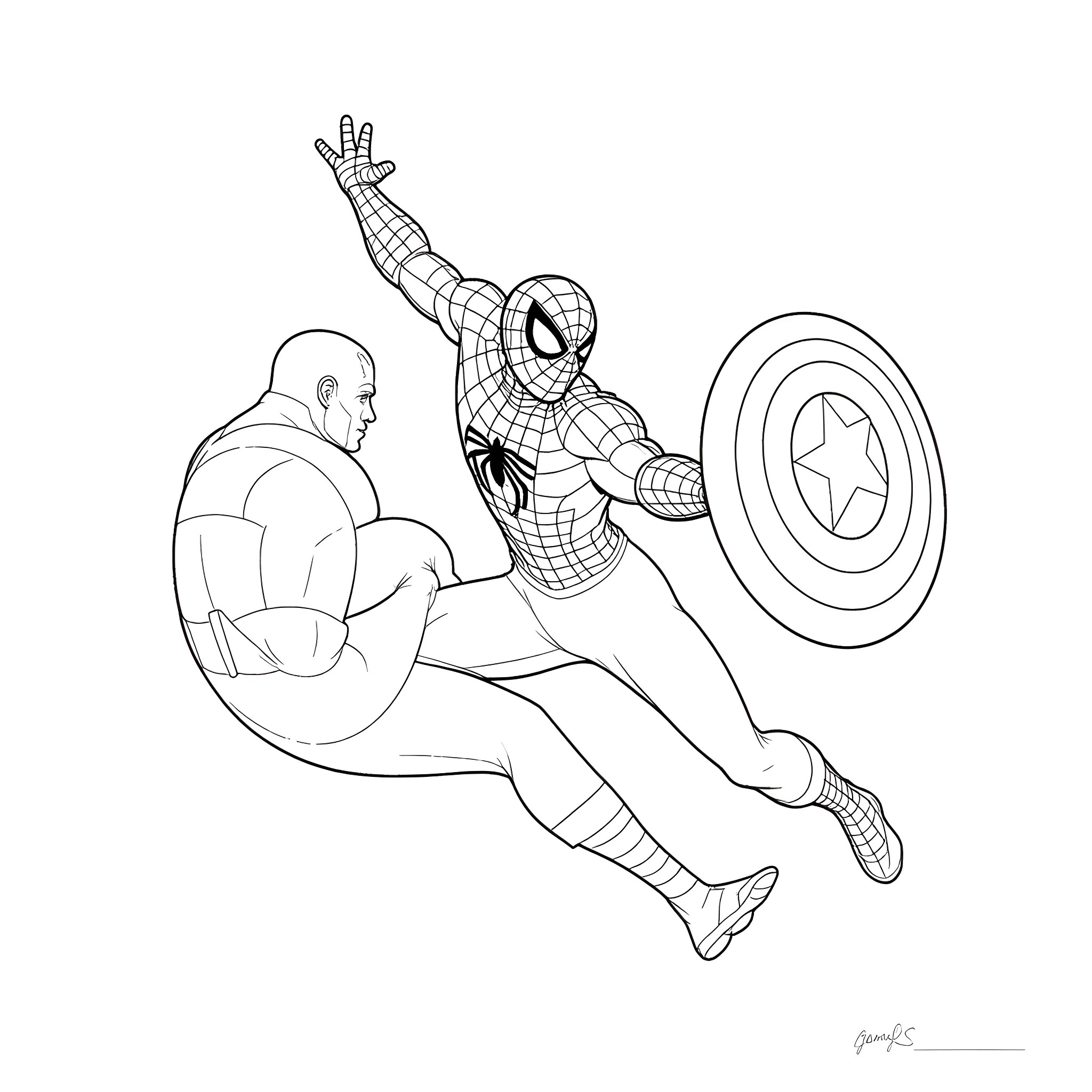 Spiderman heroically battles a powerful foe Coloring Page (free black-and-white line drawing printable PDF for all, from beginners to advanced learners, including children, teens, adults, and seniors)