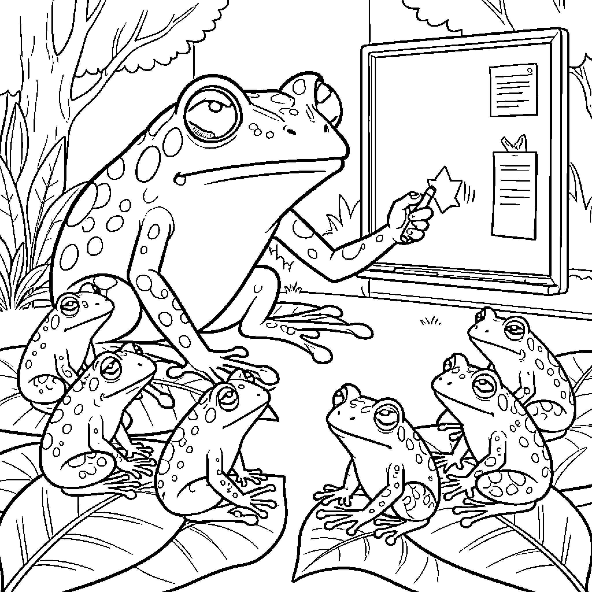 Rana's Nature Learning Adventure Coloring Page (free black-and-white line drawing printable PDF for all, from beginners to advanced learners, including children, teens, adults, and seniors)
