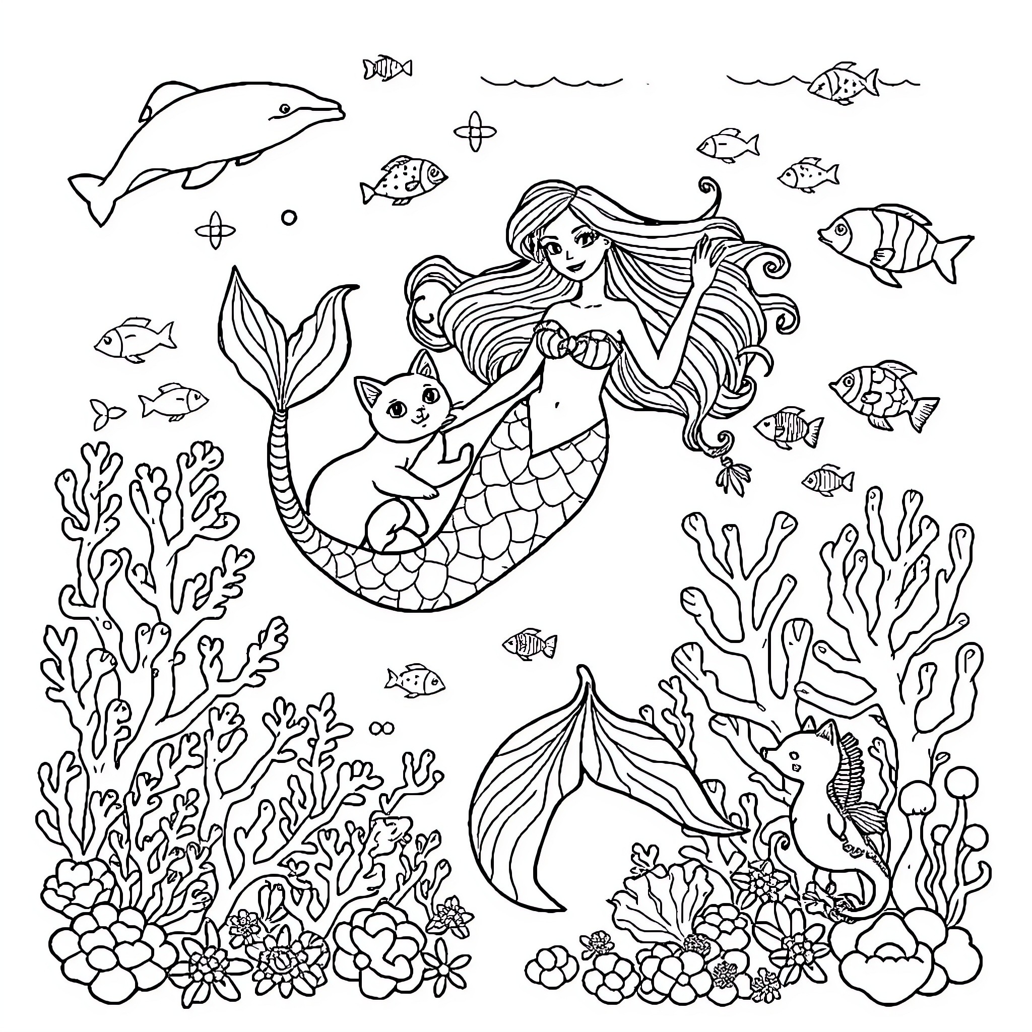 Mermaid playing with her cat underwater Coloring Page (free black-and-white line drawing printable PDF for all, from beginners to advanced learners, including children, teens, adults, and seniors)