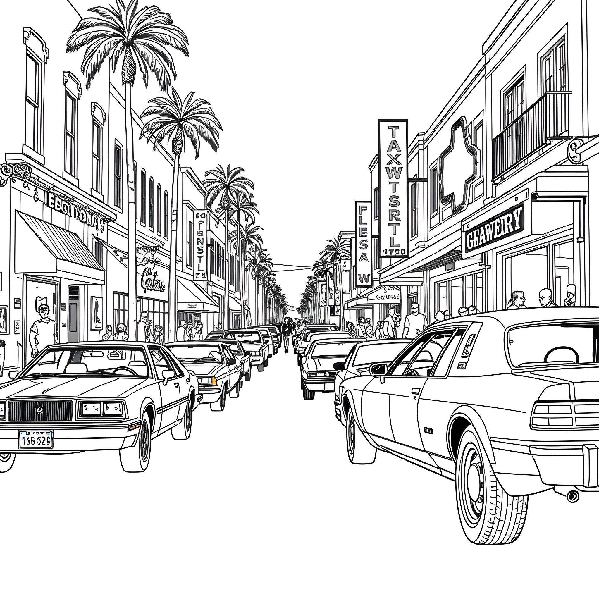 Car Driving Down a Busy City Street Coloring Page (free black-and-white line drawing printable PDF for all, from beginners to advanced learners, including children, teens, adults, and seniors)
