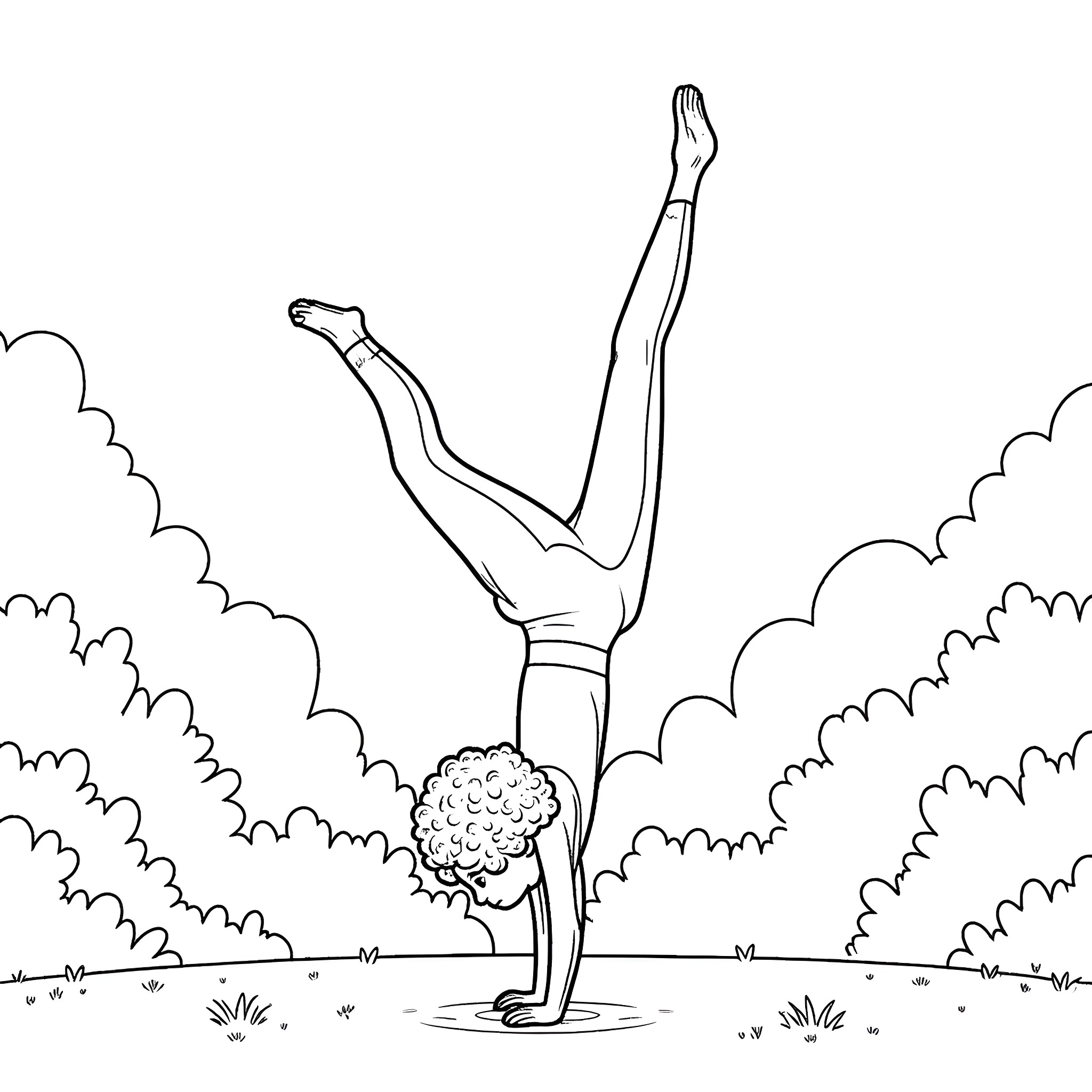 Girl doing handstand in a lush outdoor setting Coloring Page (free black-and-white line drawing printable PDF for all, from beginners to advanced learners, including children, teens, adults, and seniors)