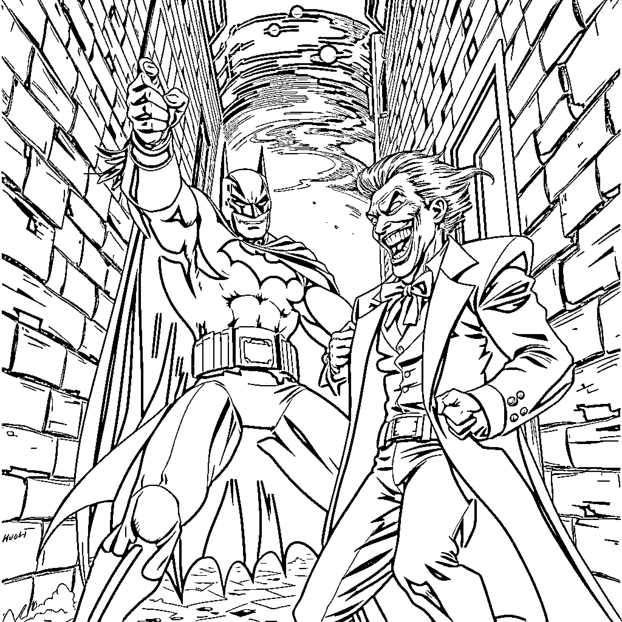 Batman confronts the Joker in a dark alley Coloring Page (free black-and-white line drawing printable PDF for all, from beginners to advanced learners, including children, teens, adults, and seniors)
