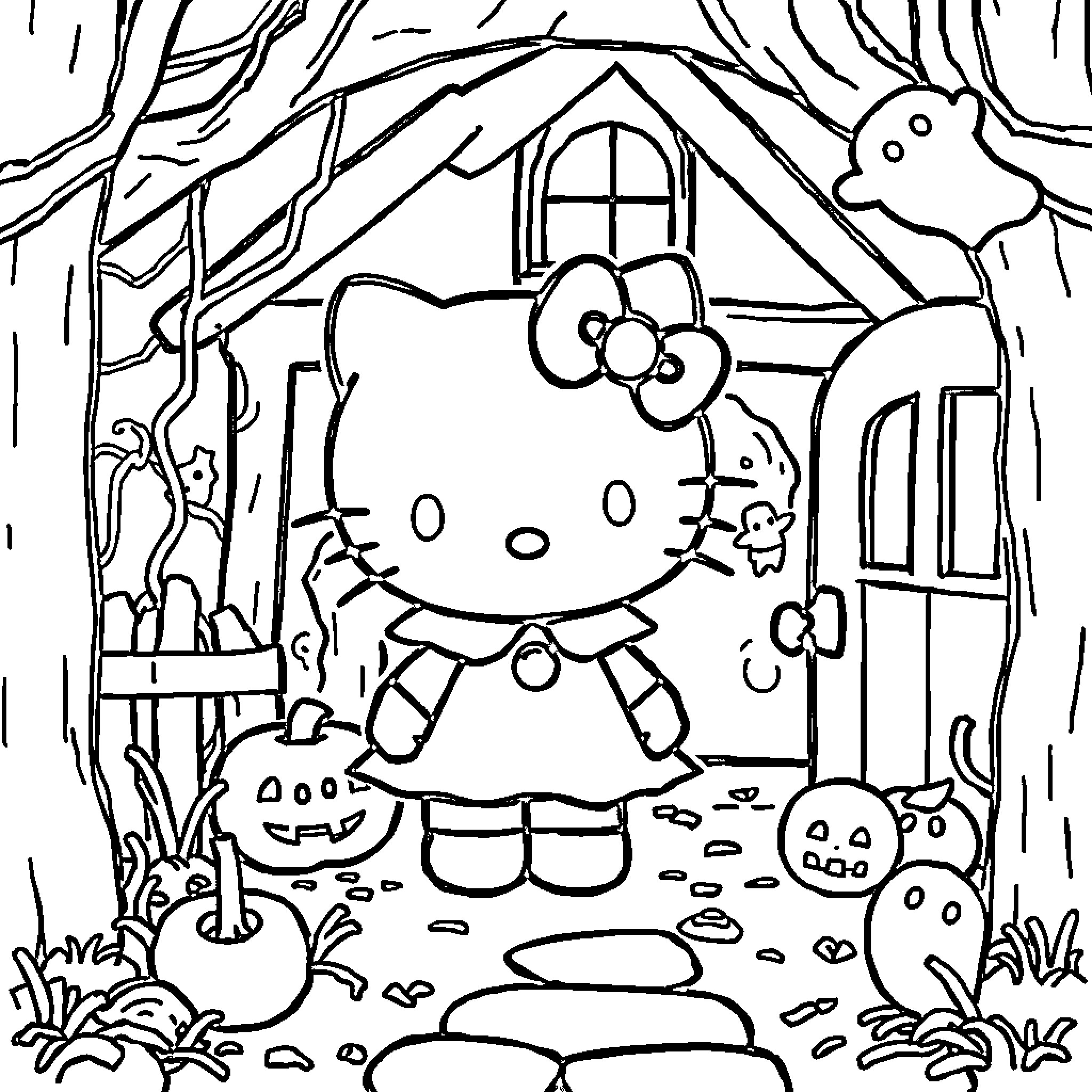 Hello Kitty's Enchanted Woodland Adventure Coloring Page (free black-and-white line drawing printable PDF for all, from beginners to advanced learners, including children, teens, adults, and seniors)