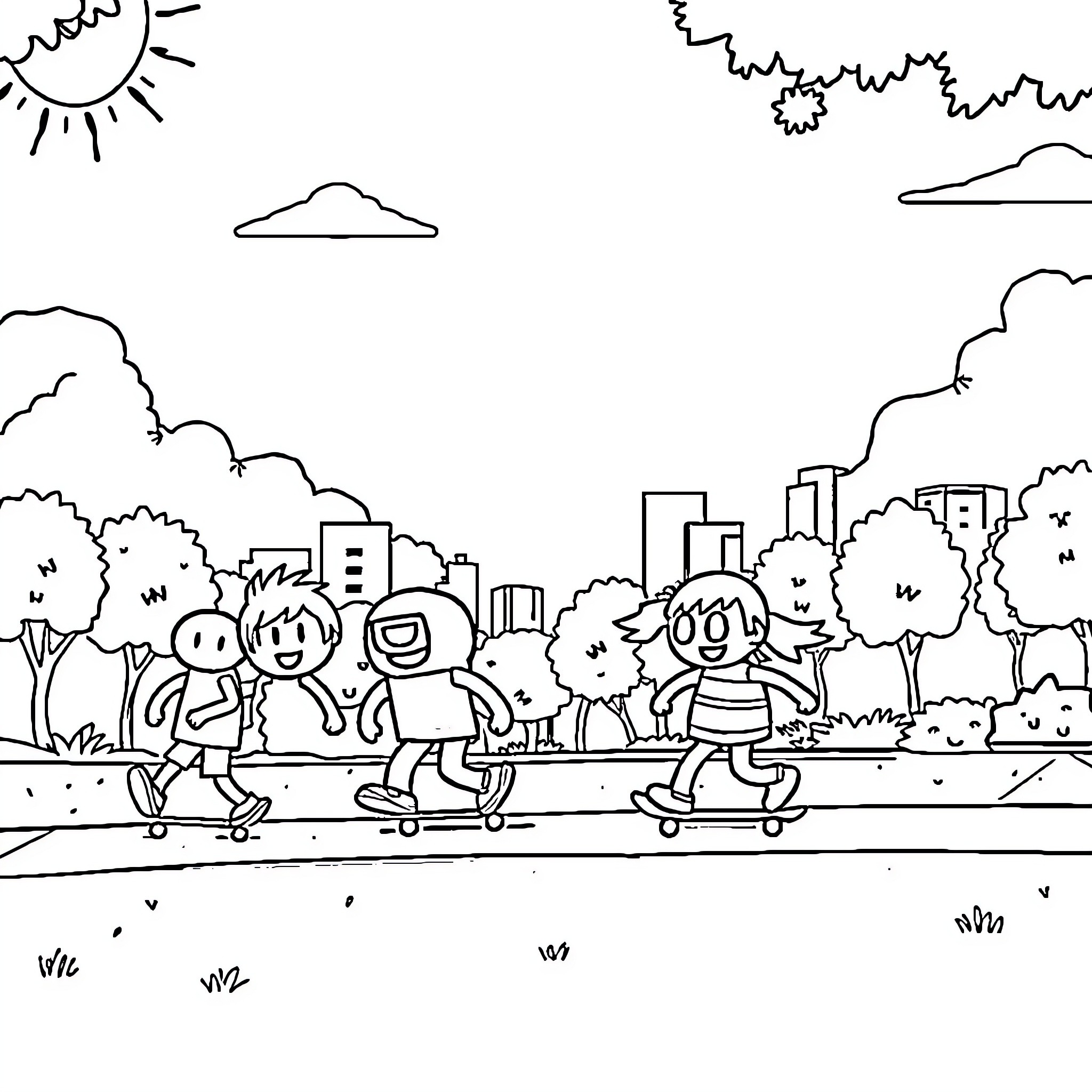 Among Us characters enjoying an outdoor adventure Coloring Page (free black-and-white line drawing printable PDF for all, from beginners to advanced learners, including children, teens, adults, and seniors)