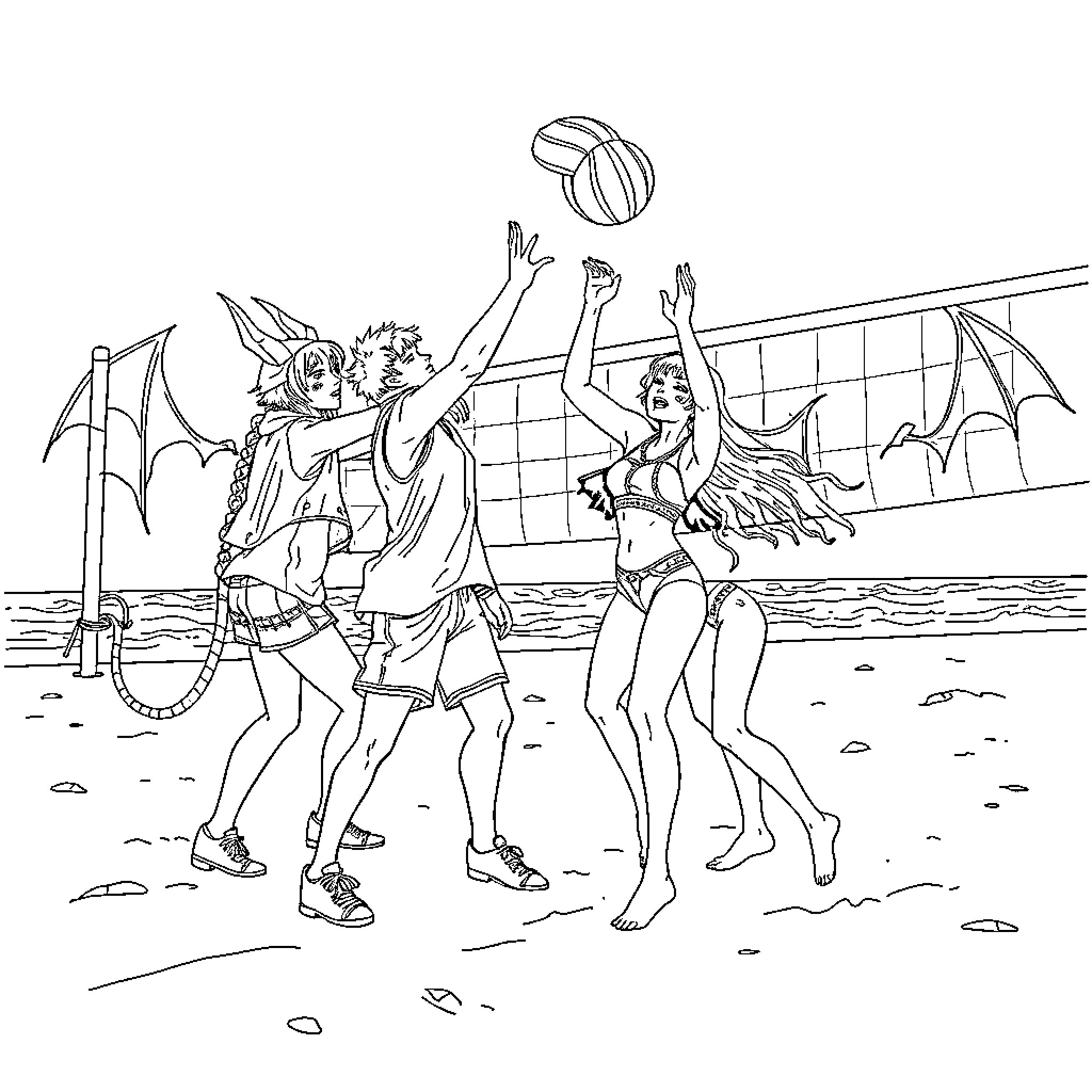 Demon Hunter Battles Fierce Foes in Epic Beachside Showdown Coloring Page (free black-and-white line drawing printable PDF for all, from beginners to advanced learners, including children, teens, adults, and seniors)