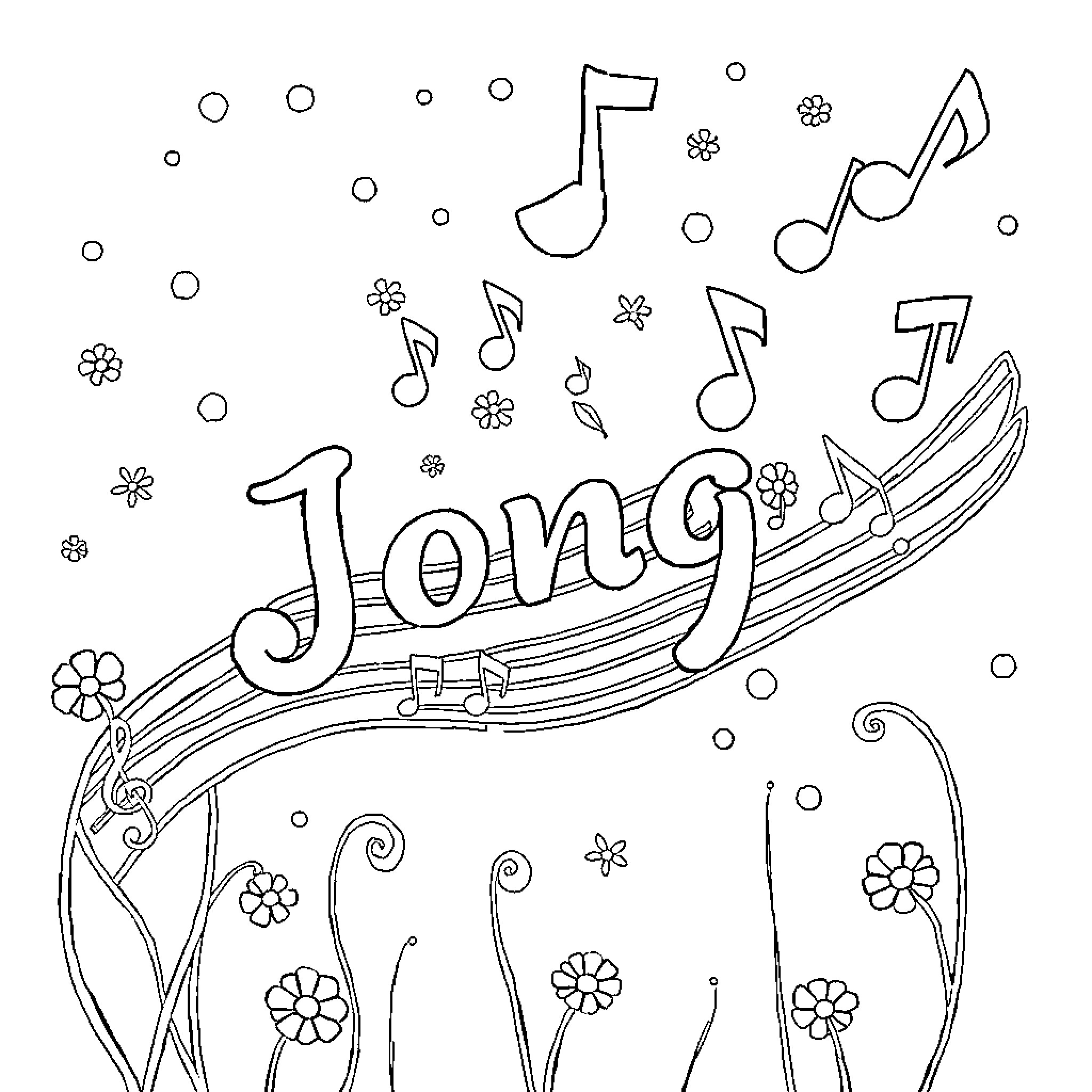 Trallaleo musical notes and flowers swirling around Coloring Page (free black-and-white line drawing printable PDF for all, from beginners to advanced learners, including children, teens, adults, and seniors)