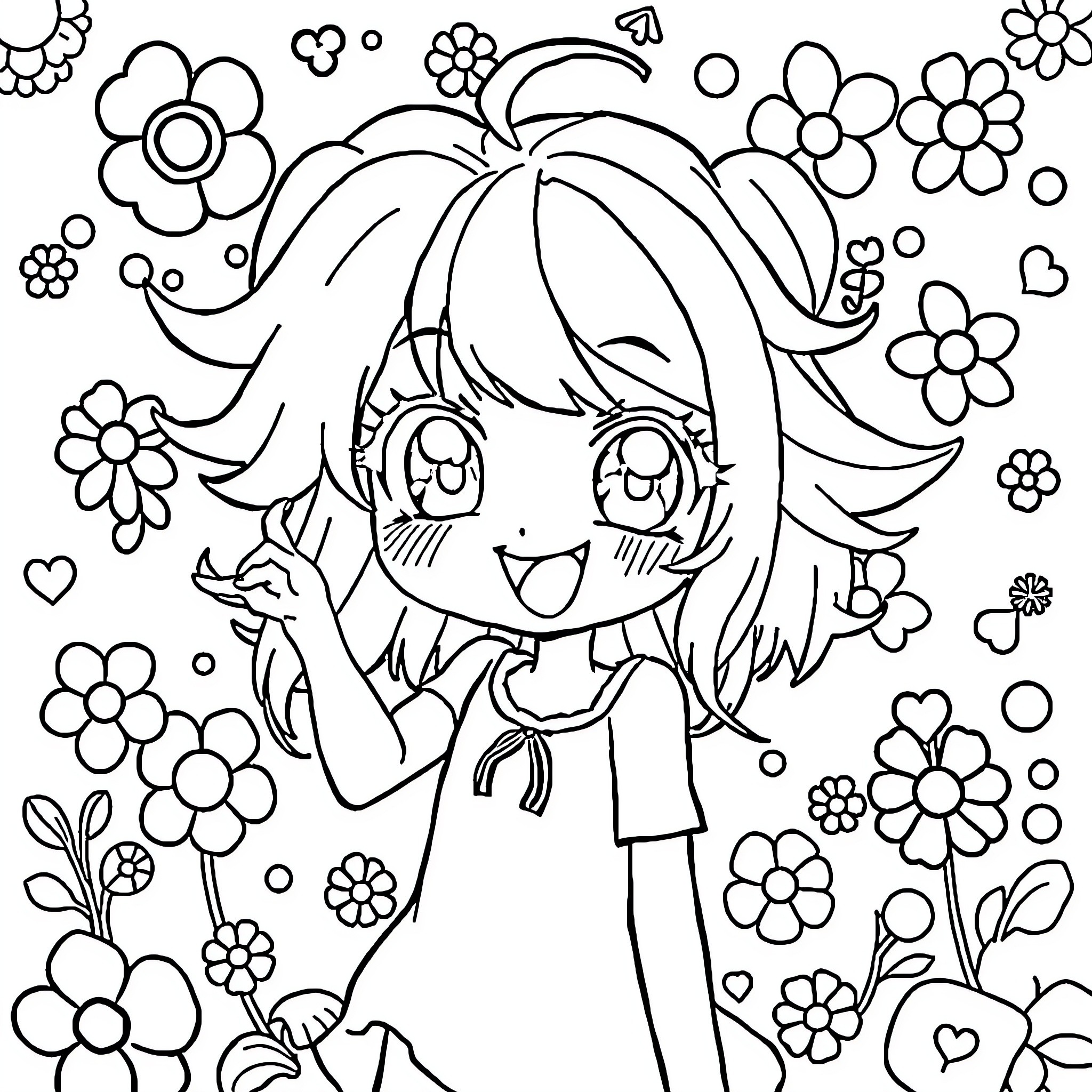 Anime Girl in Floral Wonderland Coloring Page (free black-and-white line drawing printable PDF for all, from beginners to advanced learners, including children, teens, adults, and seniors)