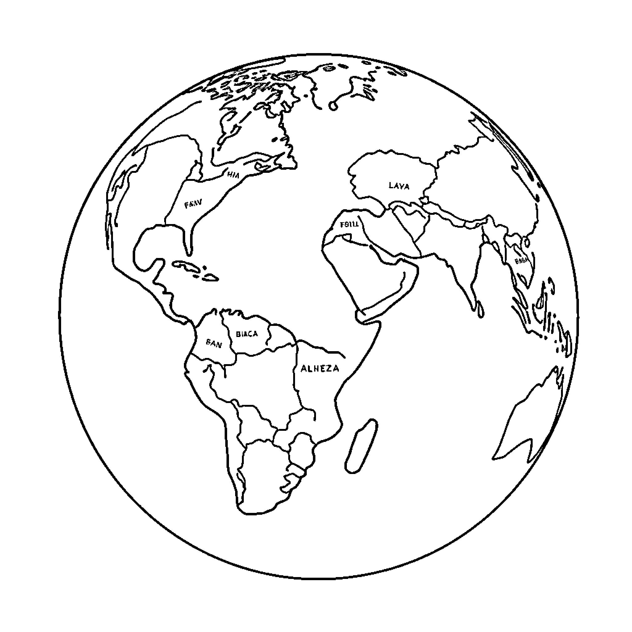 Globe showing world map continents Coloring Page (free black-and-white line drawing printable PDF for all, from beginners to advanced learners, including children, teens, adults, and seniors)