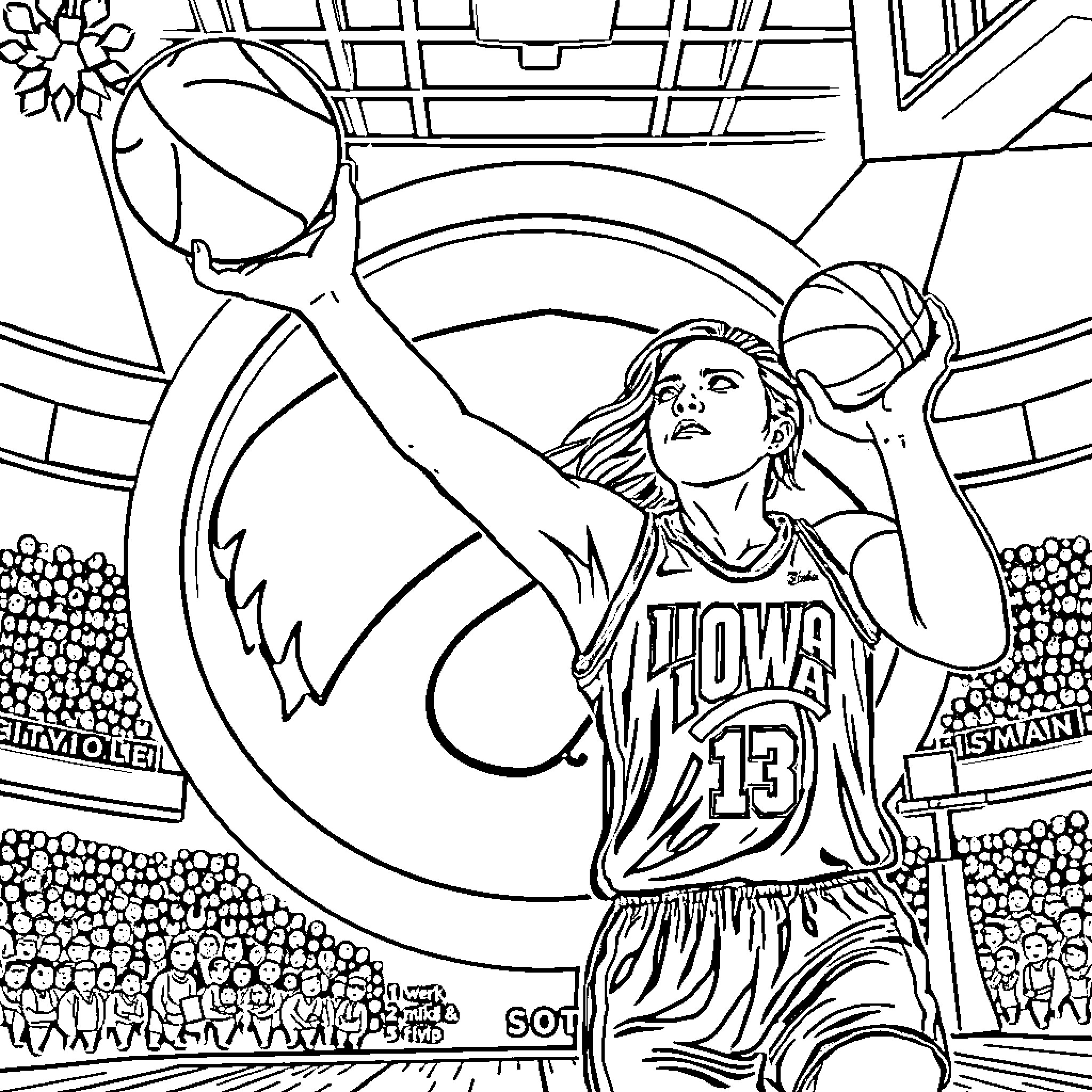 Caitlin Clark playing basketball in a game Coloring Page (free black-and-white line drawing printable PDF for all, from beginners to advanced learners, including children, teens, adults, and seniors)