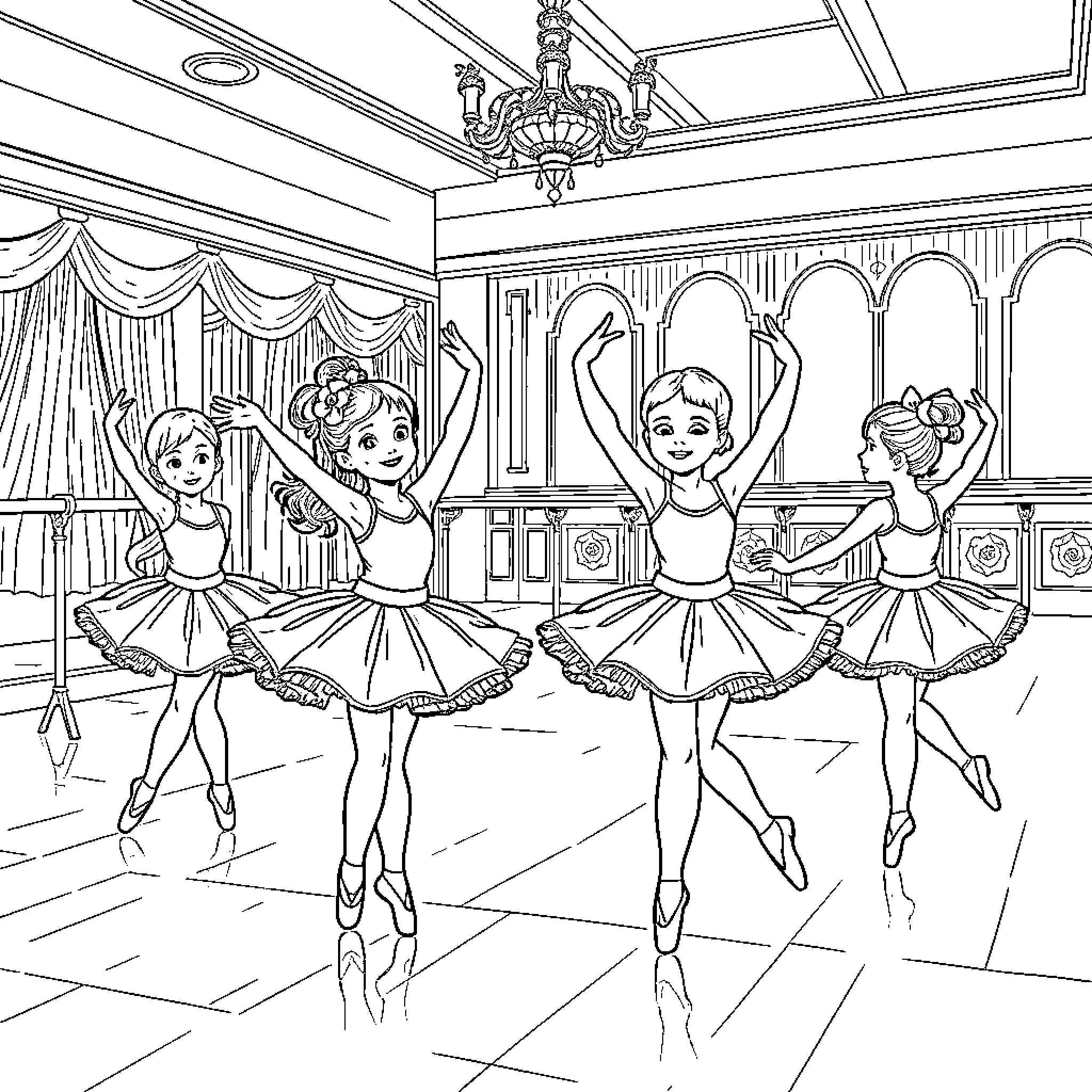 Ballet Girls Performing on Stage in Tutus Coloring Page (free black-and-white line drawing printable PDF for all, from beginners to advanced learners, including children, teens, adults, and seniors)