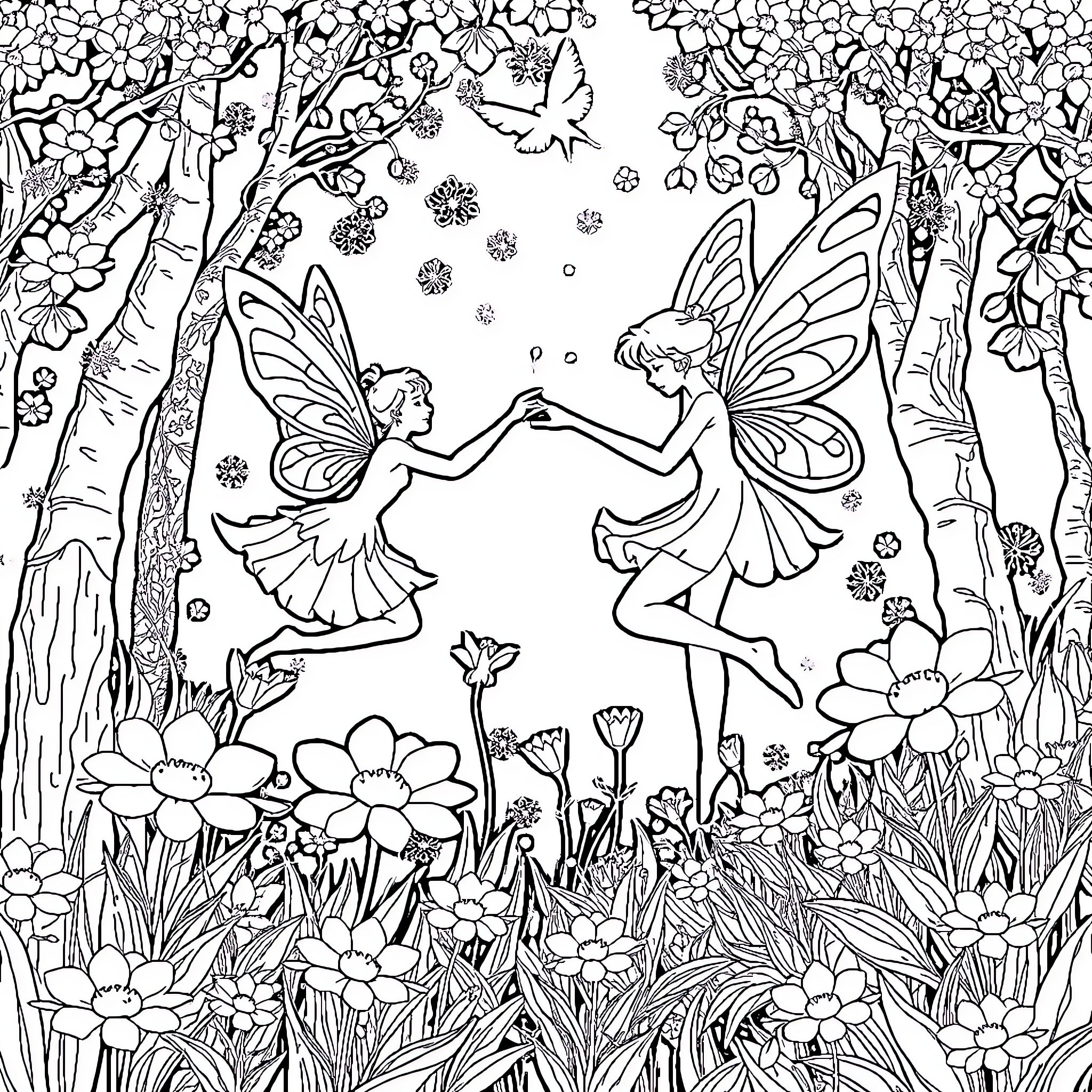 Fairy dancers in a magical forest Coloring Page (free black-and-white line drawing printable PDF for all, from beginners to advanced learners, including children, teens, adults, and seniors)