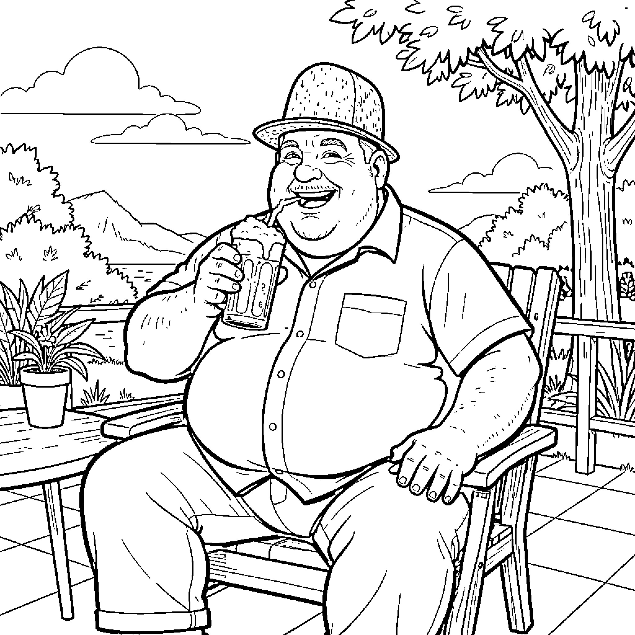 Aussie Man Relaxes Outdoors with Refreshing Drink Coloring Page (free black-and-white line drawing printable PDF for all, from beginners to advanced learners, including children, teens, adults, and seniors)