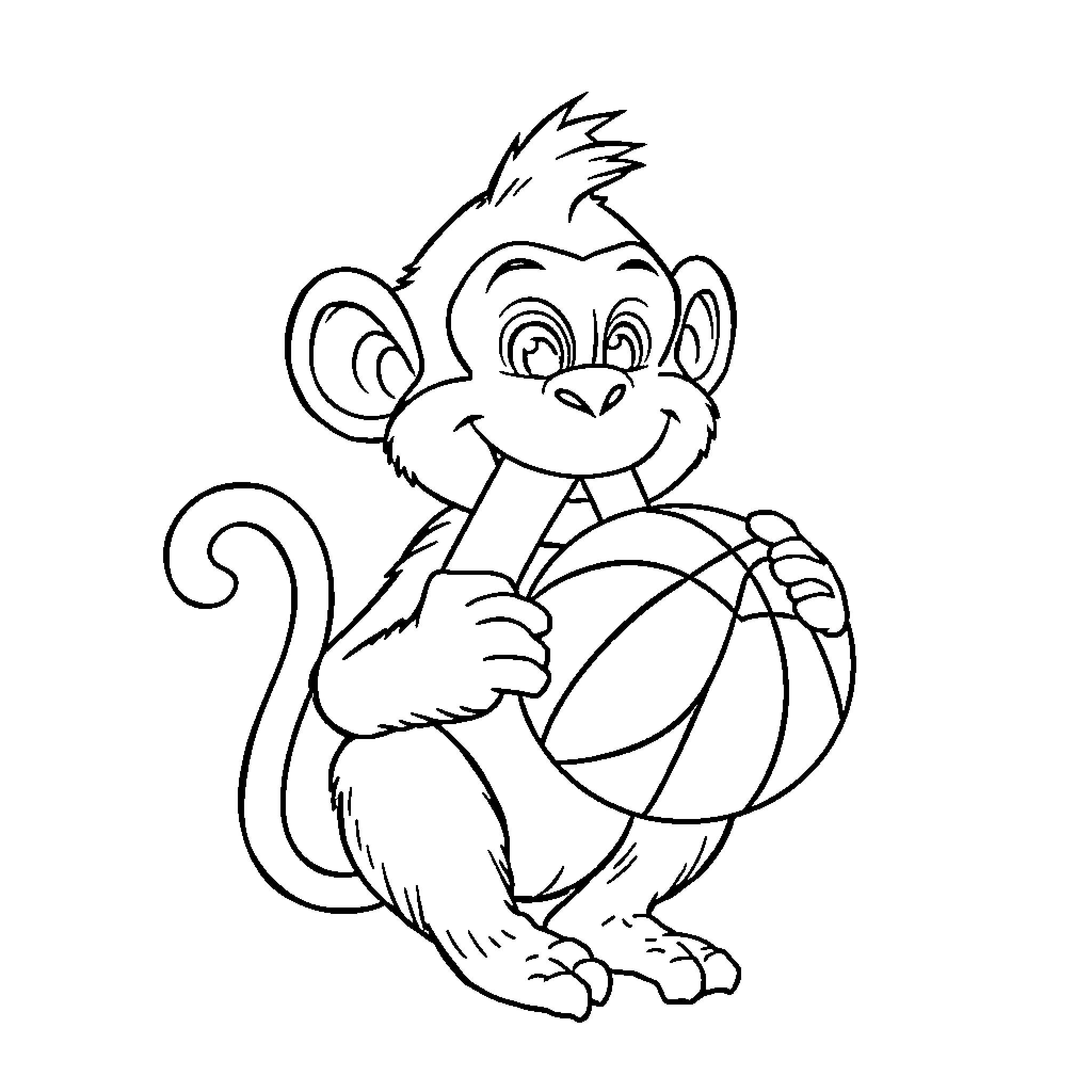 Monkey playing with a basketball Coloring Page (free black-and-white line drawing printable PDF for all, from beginners to advanced learners, including children, teens, adults, and seniors)