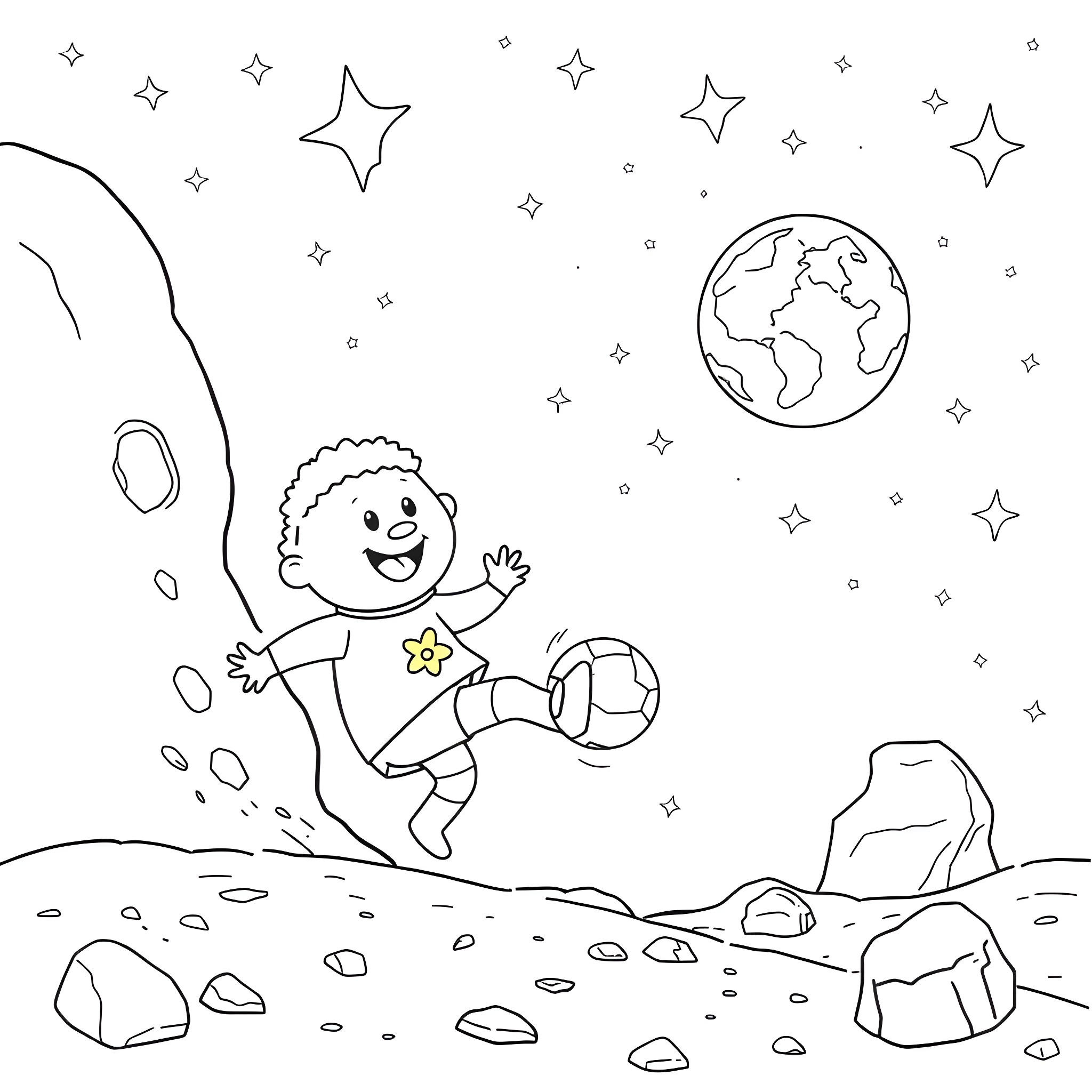 Hey Duggee floating in space with a star Coloring Page (free black-and-white line drawing printable PDF for all, from beginners to advanced learners, including children, teens, adults, and seniors)