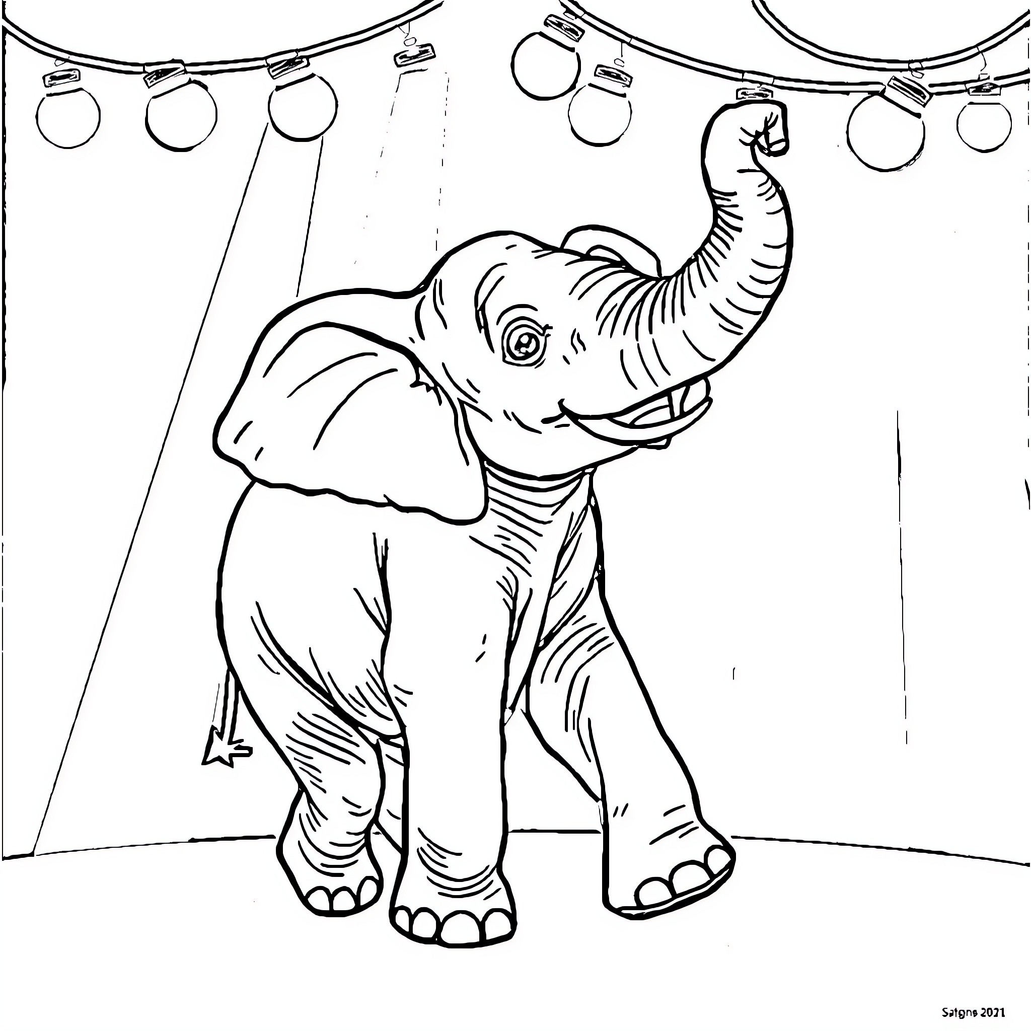Elephant playing under festive lights Coloring Page (free black-and-white line drawing printable PDF for all, from beginners to advanced learners, including children, teens, adults, and seniors)